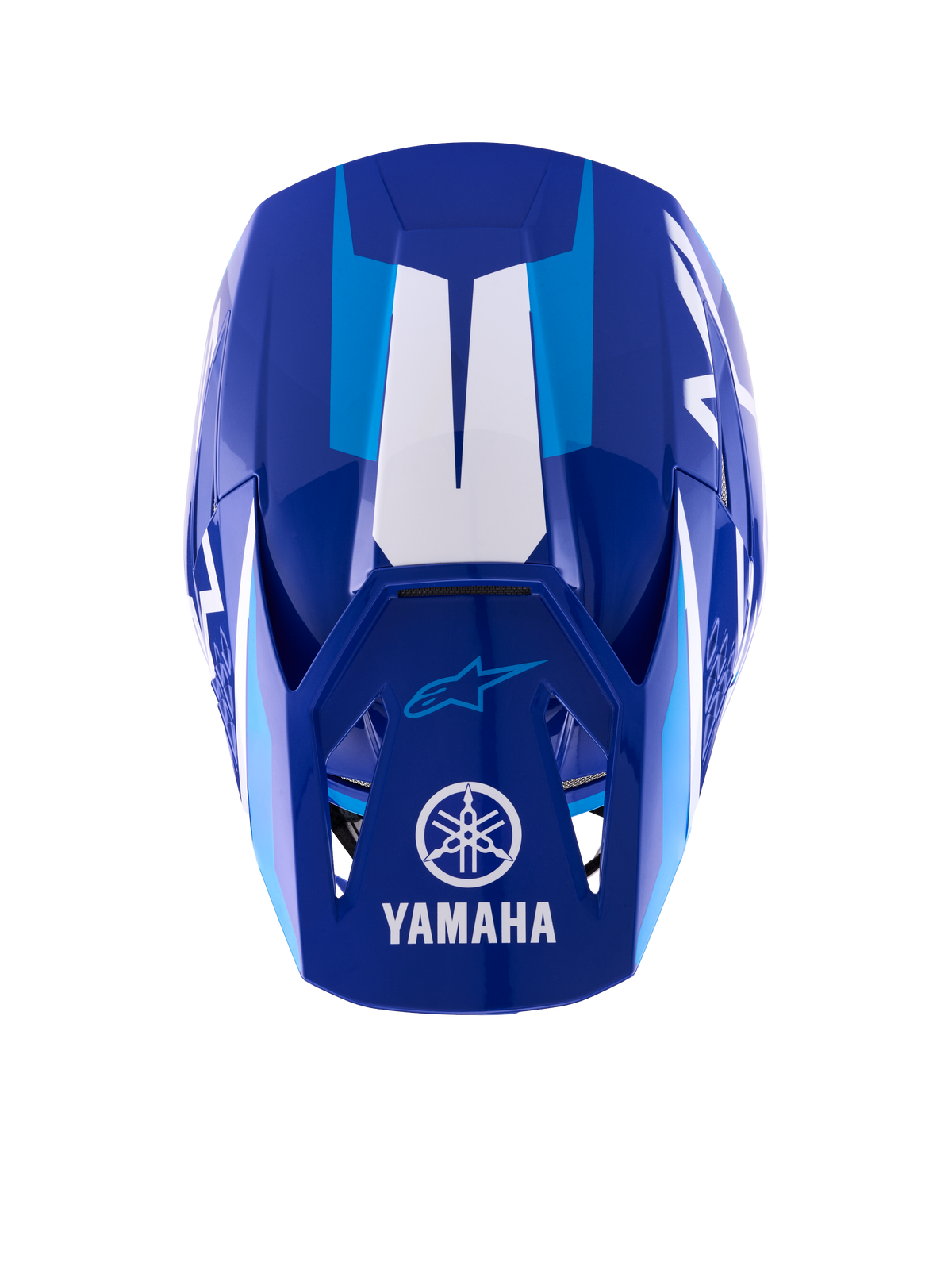 Alpinestars Yamaha S-M3 Helm, Motocross-Helm, Blau und Weiß glänzend, Draufsicht zeigt das Visier mit weißem Yamaha-Logo und Schriftzug, hellblaue grafische Akzente und aggressives aerodynamisches Schalendesign.