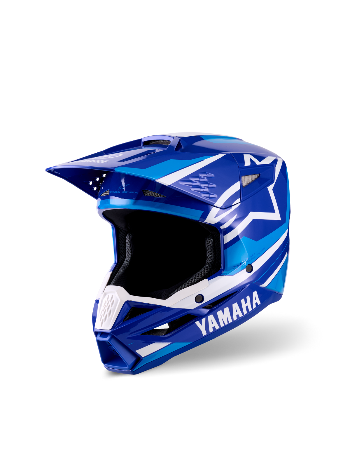 Alpinestars Yamaha S-M3 Jugend-Motocross-Helm, Blau und Weiß glänzend, mit markanten Yamaha- und Alpinestars-Logos, aerodynamisches Visier-Design, weites Sichtfeld und belüfteter Kinnbügel für Offroad-Rennperformance