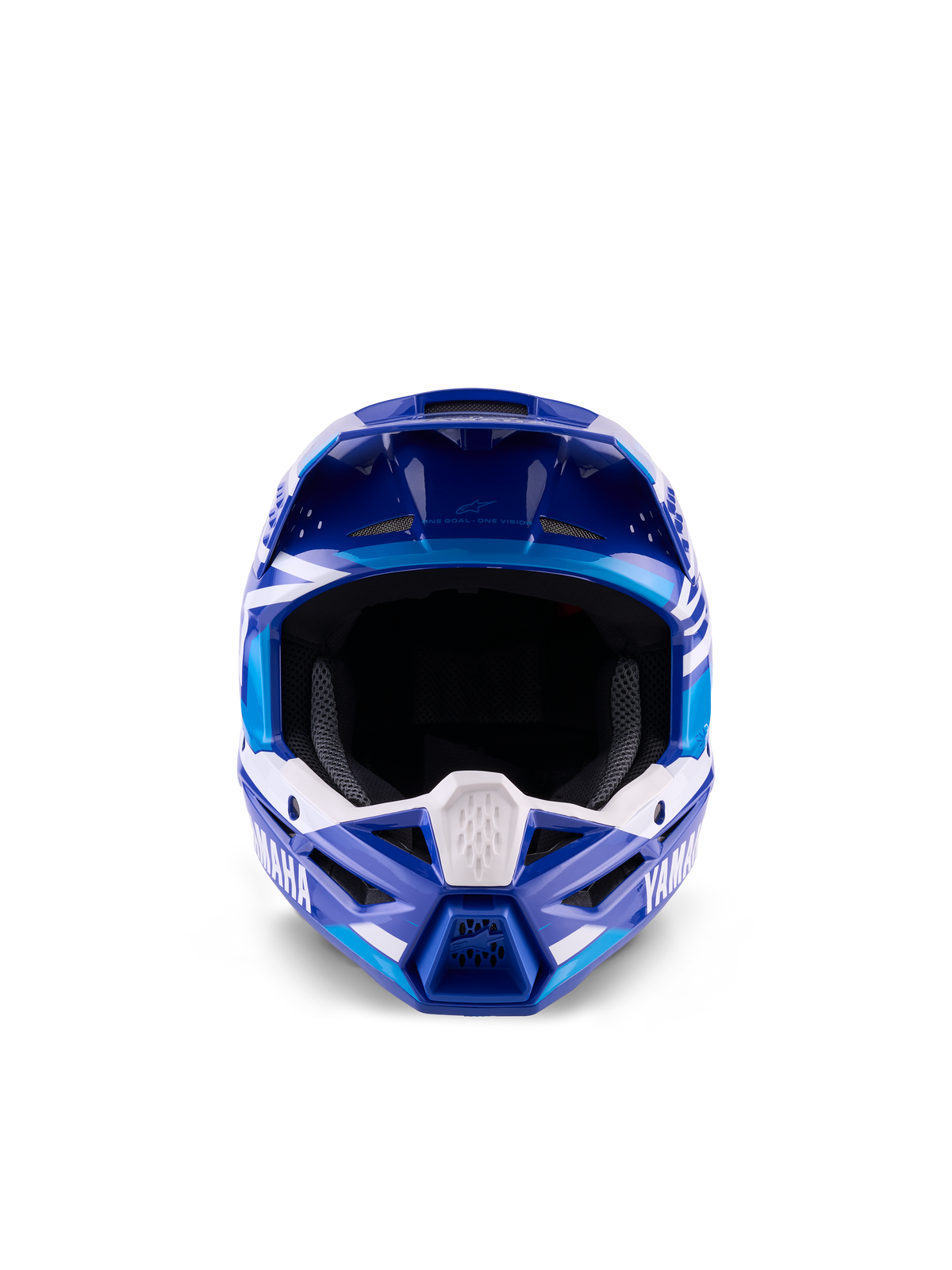 Alpinestars Yamaha S-M3 Jugend-Motocross-Helm, Blau und Weiß glänzend, Vorderansicht mit Fokus auf dem weiten Sichtfeld und dem aggressiven Kinnbügel-Design, Yamaha-Branding und geometrische Grafiken, professioneller Offroad-Kopfschutz für junge Fahrer