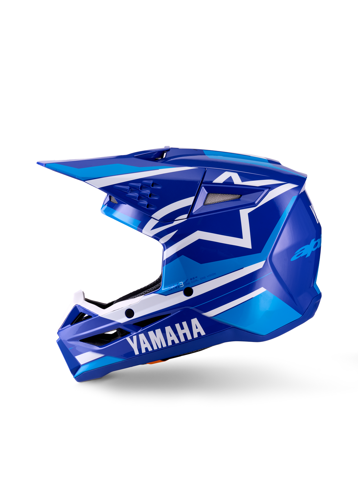 Yamaha S-M3 Jugend-Motocross-Helm, Motocross-Helm, Blau Weiß Glänzend, Seitenprofil-Ansicht, mit markantem Yamaha-Branding am Kinnschutz und Alpinestars-Stern-Logo, schlanke aerodynamische Schale mit mehreren Belüftungsöffnungen und integriertem Visier.