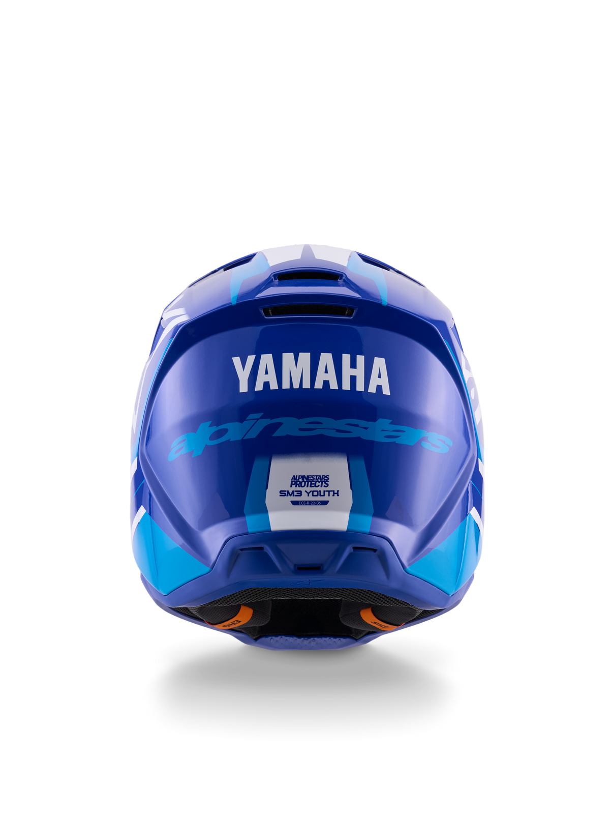 Yamaha S-M3 Jugend-Motocross-Helm, Rückansicht, Blau und Weiß glänzend, mit markantem Yamaha- und Alpinestars-Branding, aerodynamisches Schalendesign mit ECE 22.06 Sicherheitszertifizierung, professioneller Kopfschutz für den Offroad-Rennsport