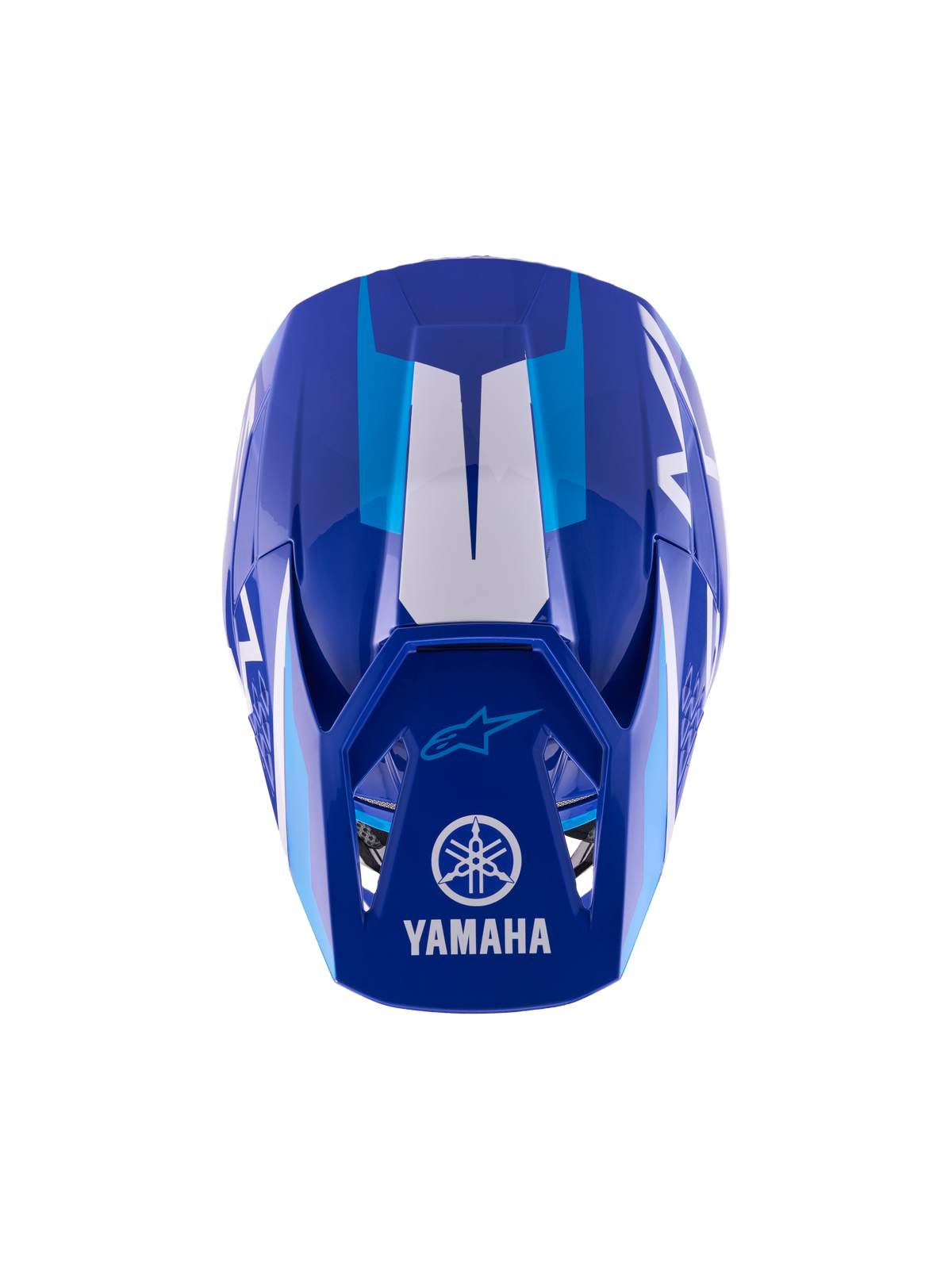 Alpinestars Yamaha S-M3 Jugend-Motocross-Helm, Blau Weiß Glänzend, Draufsicht zeigt die Außenschale und das Visier, mit Yamaha und Alpinestars Logos, aerodynamisches Design mit glänzendem Finish und weißen grafischen Akzenten.