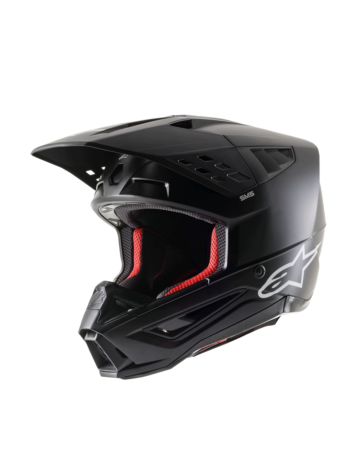 Alpinestars S-M5 Solid Helm ECE 22.06, Motocross-Helm, Schwarz Matt, Dreiviertelansicht, mit weißem Alpinestars-Logo an der Seite und roter Innenpolsterung, aerodynamisches Design mit mehreren Belüftungsöffnungen