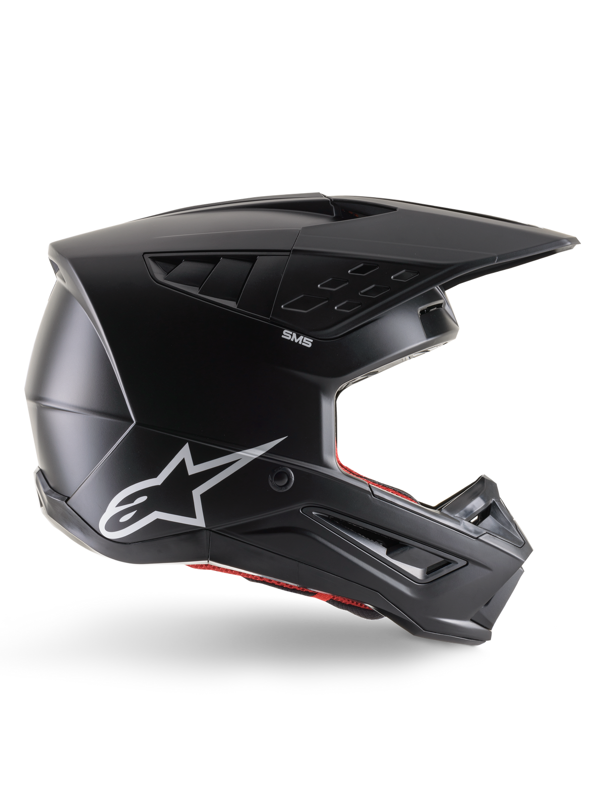 Alpinestars S-M5 Solid Helm, Motocross-Helm, Matt-Schwarz mit weißem Alpinestars Stern-Logo und rotem Innenfutter, aerodynamisches Design mit mehreren Belüftungsöffnungen und langem Visier, ECE 22.06 zertifizierter Offroad-Schutz