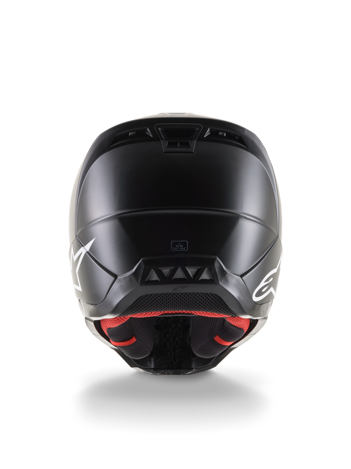 Rückansicht des Alpinestars S-M5 Solid Helms ECE 22.06, Motocross-Helm, mattschwarzes Finish, mit weißen Alpinestars-Logos an den Seiten, rotem Innenfutter und aerodynamischer Schale mit Belüftungsöffnungen.