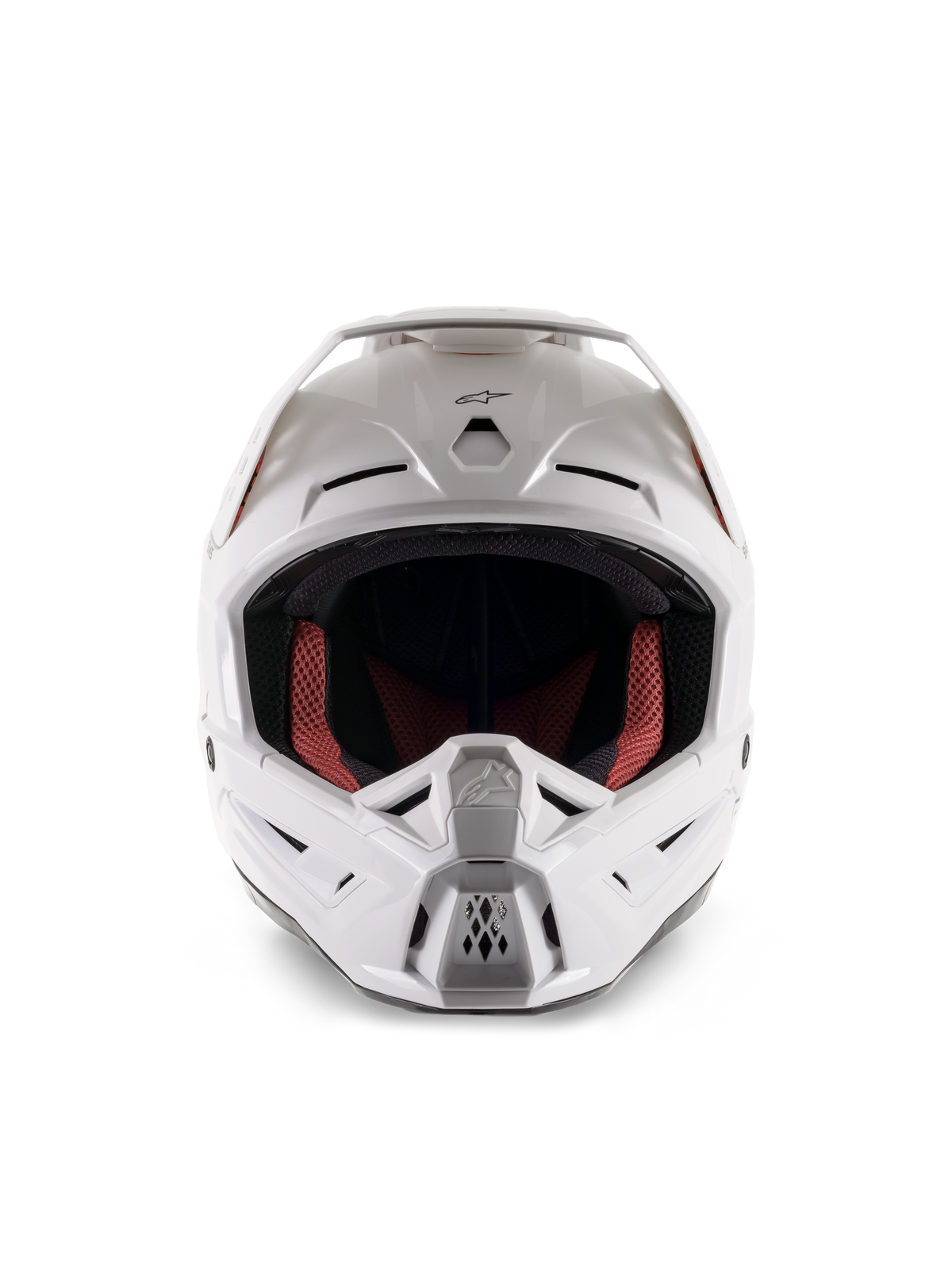 Alpinestars S-M5 Solid Helmet ECE 22.06, Motocross Helmet, White Glossy, front view, featuring multi-air intake ports on the chin and forehead, wide visor, red and black inner lining, sleek and aerodynamic design for off-road racing