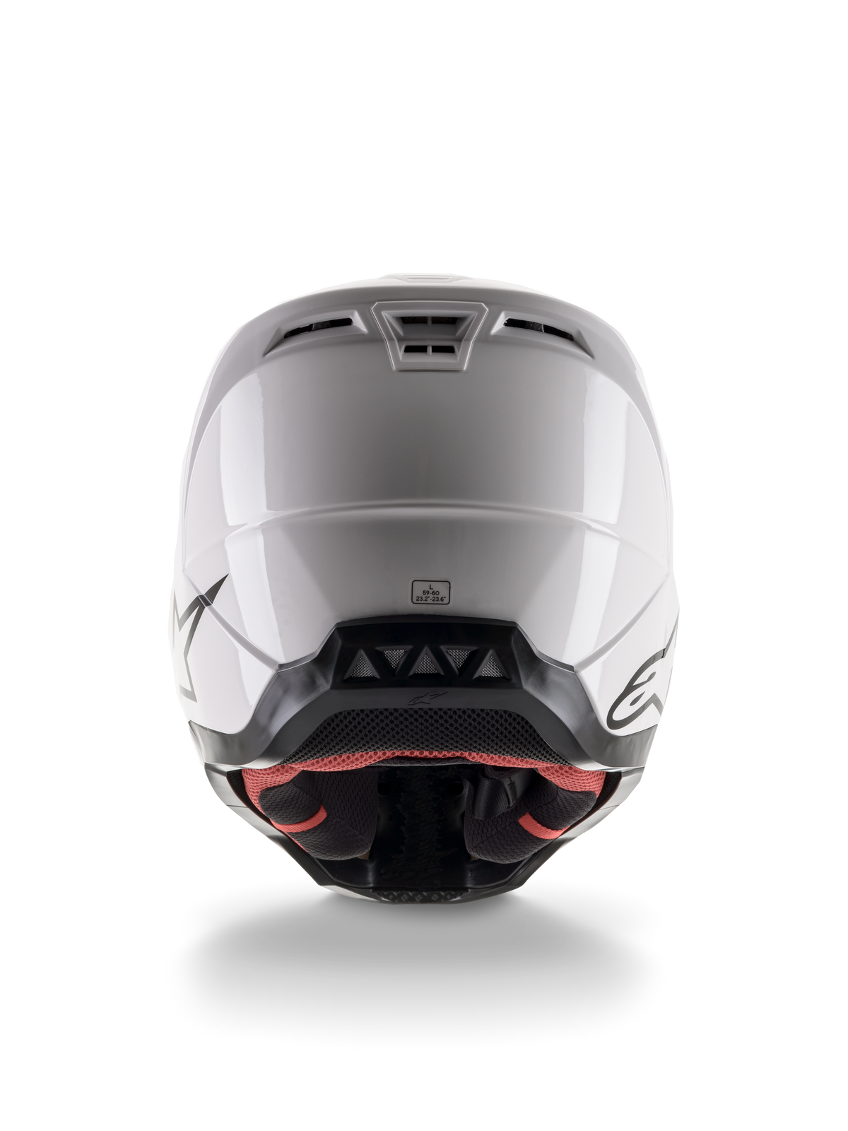 Alpinestars S-M5 Solid Helmet ECE 22.06, Motocross Helmet, White Glossy, rear view featuring aerodynamic exhaust vents and black lower trim with logos, sleek protective gear for off-road racing