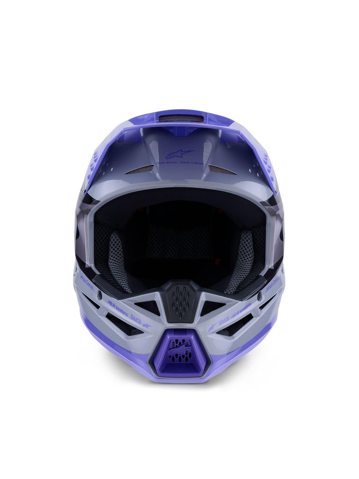 Alpinestars S-M3 Jettson Helm, Motocross-Helm, Grau, Violett und Schwarz glänzend, Vorderansicht mit breiter Sichtöffnung und belüftetem Kinnschutz mit violetten Akzenten, schlankes thermoinjiziertes Schalendesign für Offroad-Performance