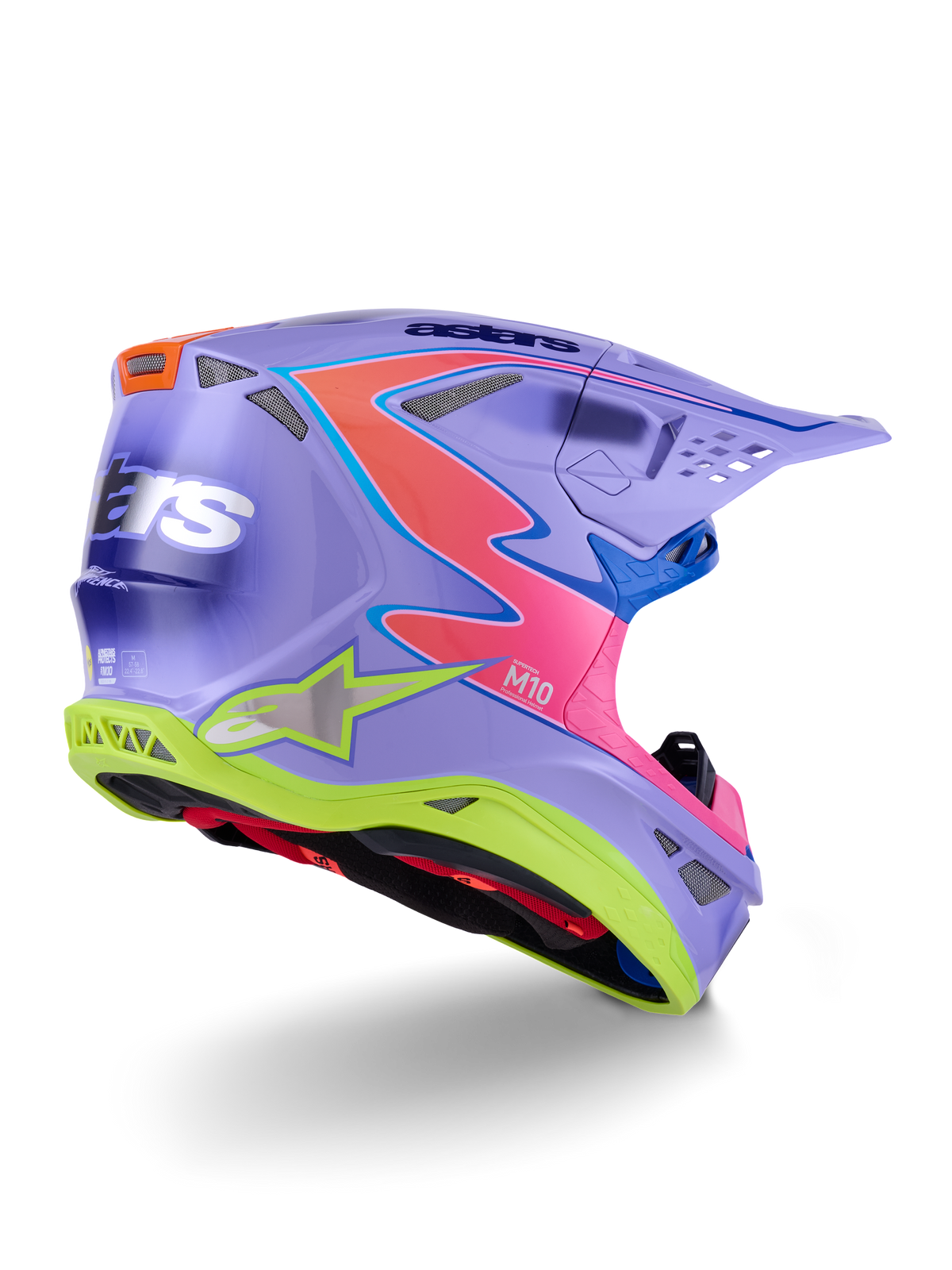 Alpinestars Supertech M10 Jett Lawrence R01 Helm, Motocross-Helm, Lila mit pinkfarbenen und fluoreszierend gelben Akzenten, auffälliges Grafikdesign mit Alpinestars-Branding, aerodynamische Schale mit Belüftungsöffnungen und schützendem Visier.