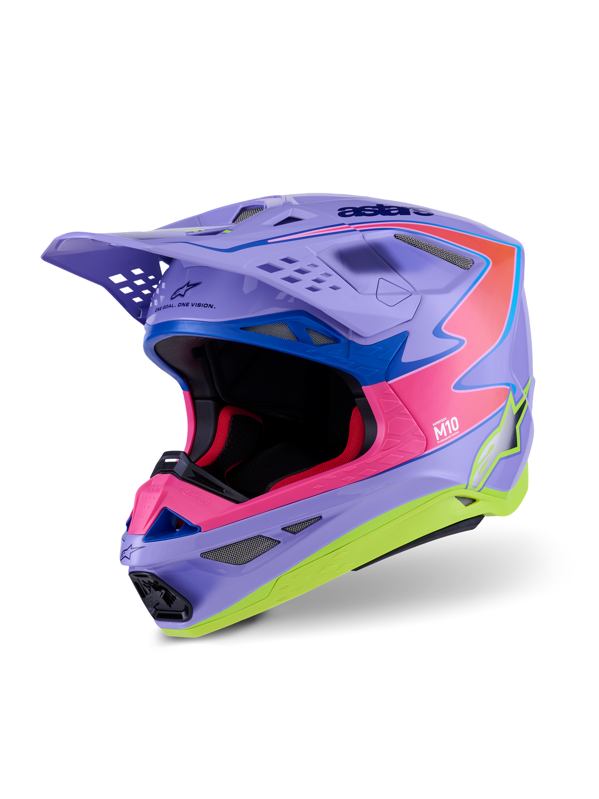 Alpinestars Supertech M10 Jett Lawrence R01 Helm, Motocross-Helm, Lila, Pink und Neongelb Glänzend, aerodynamisches Design mit Multi-Composite-Carbonschale, mehrere Belüftungsöffnungen und auffällige Renn-Grafiken für Offroad-Performance