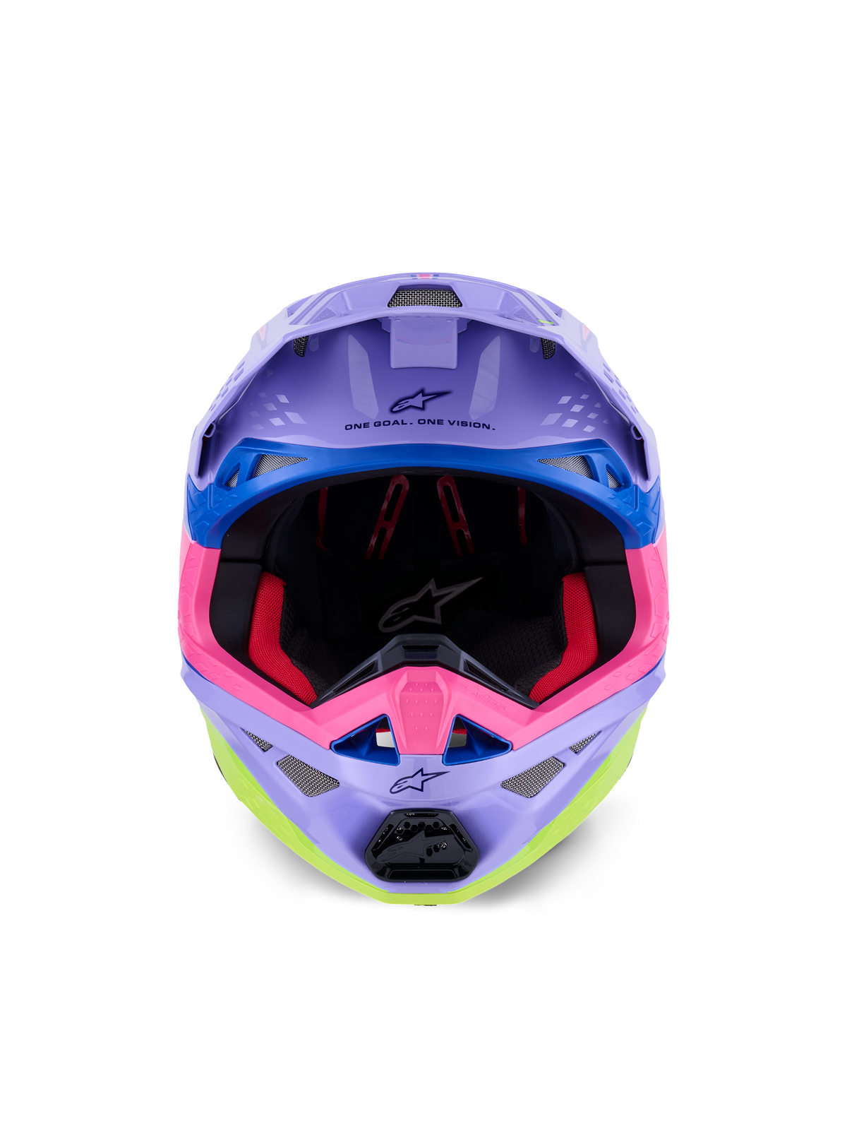 Alpinestars Supertech M10 Jett Lawrence R01 Helm, Motocross-Helm, Lila, Pink und Fluo-Gelb glänzend, Vorderansicht mit Sicht auf die Innenpolsterung und den Kinnbügel, „ONE GOAL. ONE VISION.“ Aufdruck unter dem Visier, farbenfrohe Renn-Grafiken mit blauen Akzenten