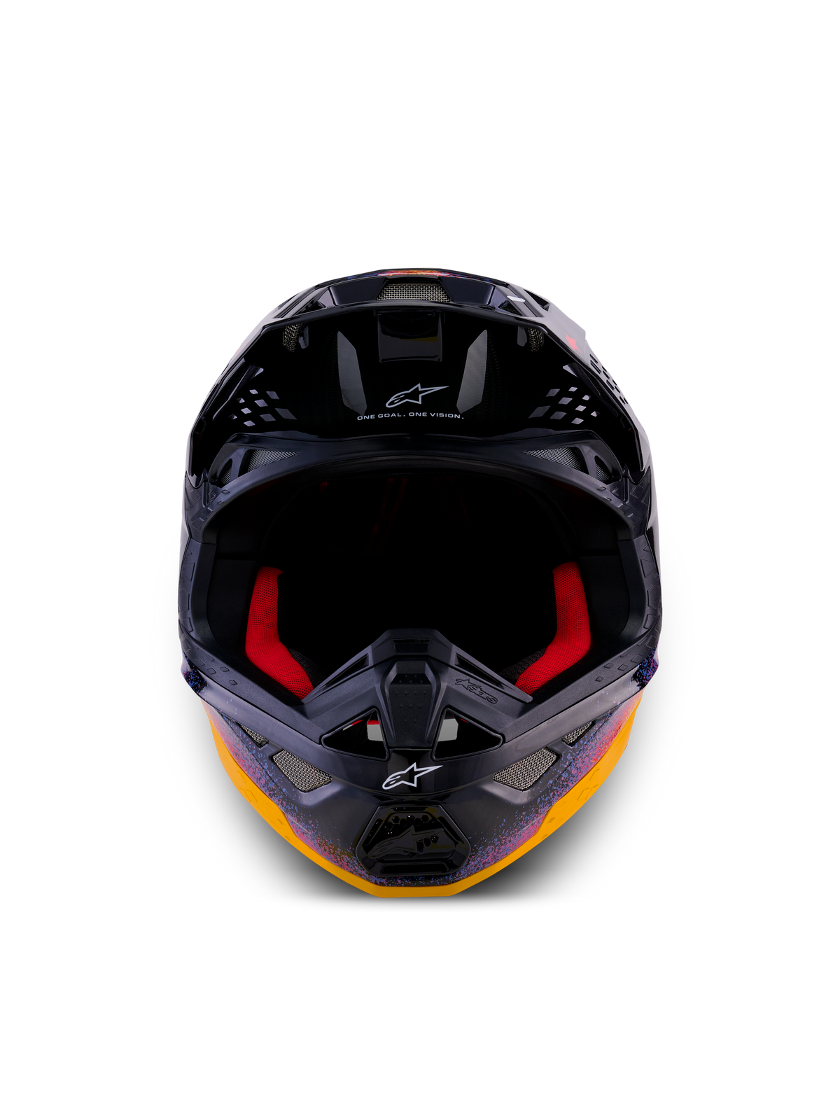 Alpinestars Limited Edition Supertech M10 Black Hole Helm, Motocross-Helm, Black Burst Glossy mit leuchtenden orangefarbenen und lila galaktischen Grafiken, Frontansicht mit roter Innenpolsterung und Belüftungsöffnungen