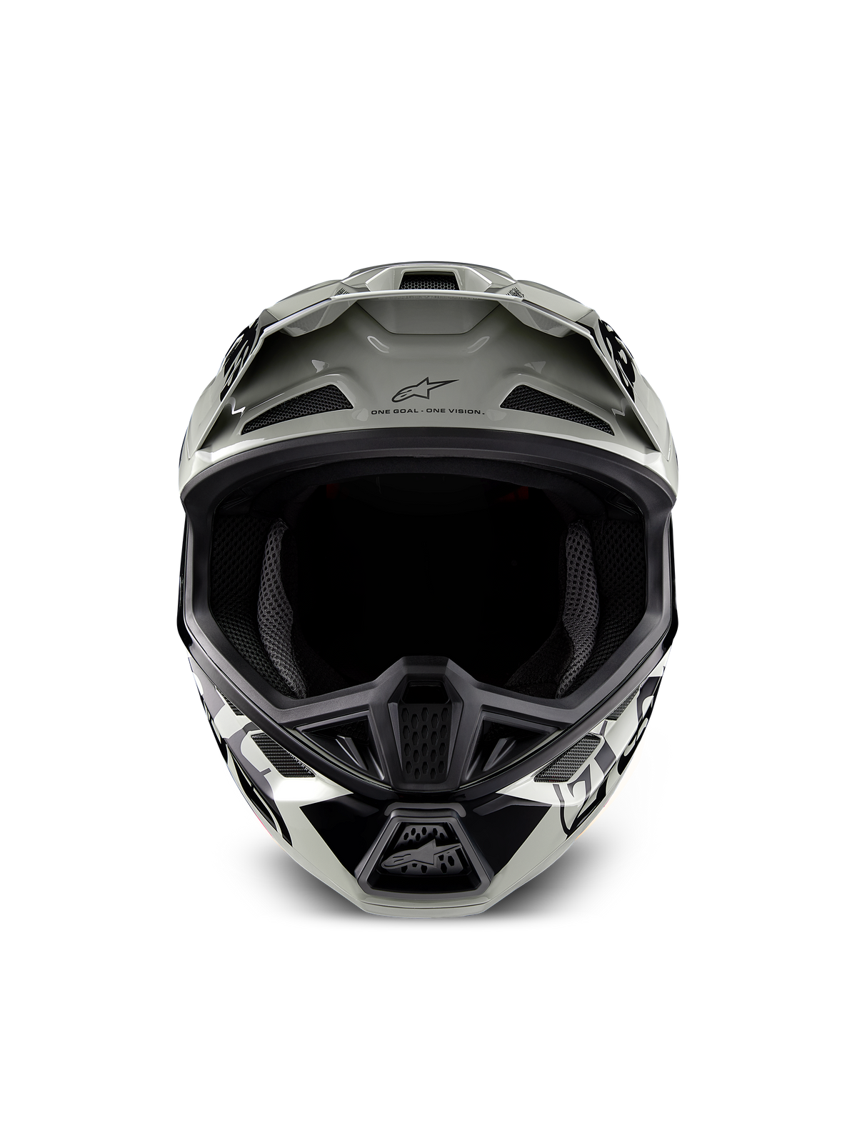 Alpinestars Limited Edition S-M7 Wolf Dust Helm, Motocross-Helm, Dune Black Glänzend mit weißen und schwarzen Grafiken, Vorderansicht mit weitem Sichtbereich und mehreren Belüftungsöffnungen, aerodynamisches Visier mit Alpinestars-Logo und dem Schriftzug „One Goal One Vision“, spezialisierter Kopfschutz für Offroad-Rennen