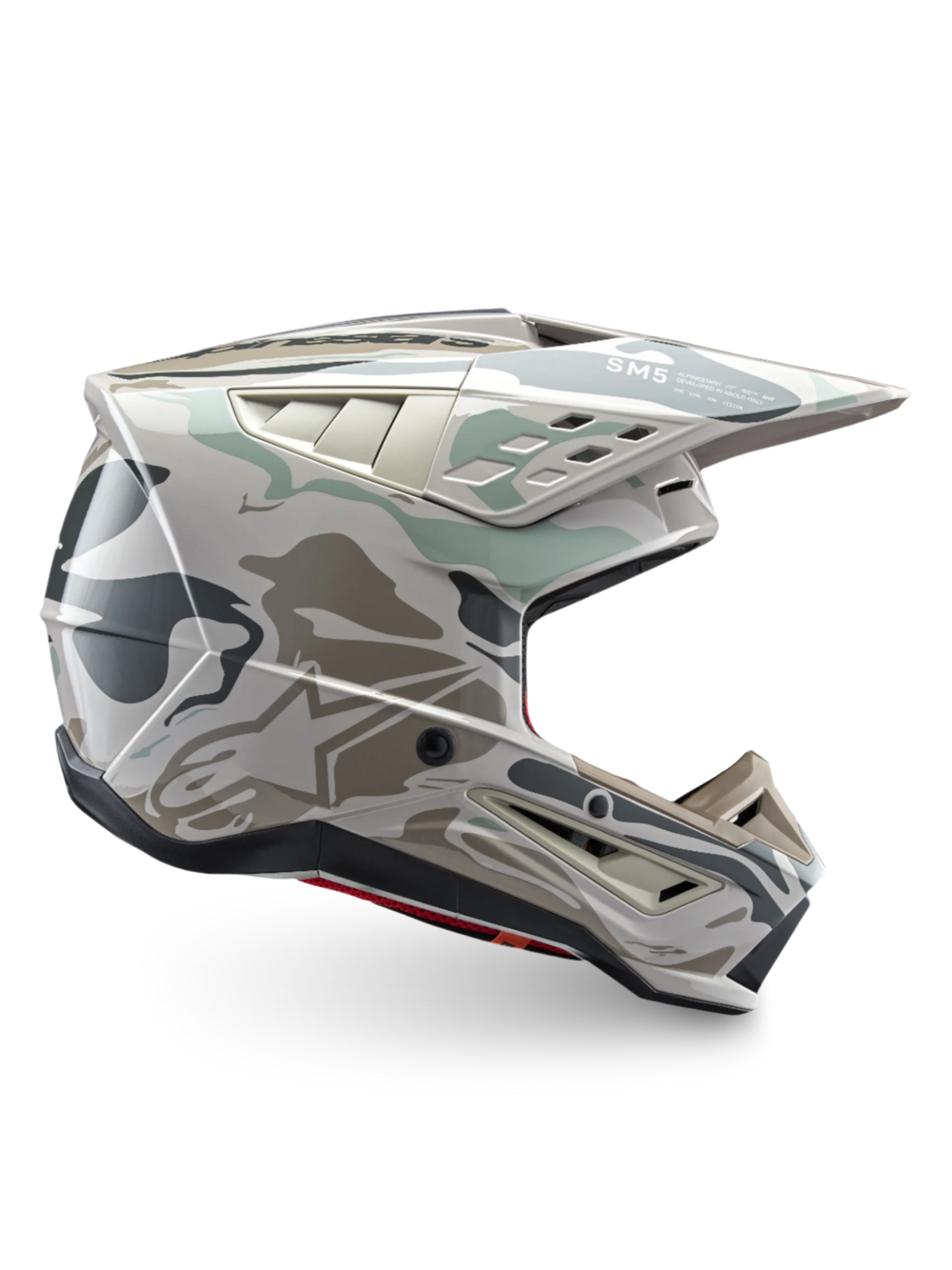 Alpinestars S-M5 Mineral Motocross Helm in Warmem Grau und Celadon Grün, ECE 22.06-zertifizierter Offroad-Schutz mit technischem Belüftungssystem.