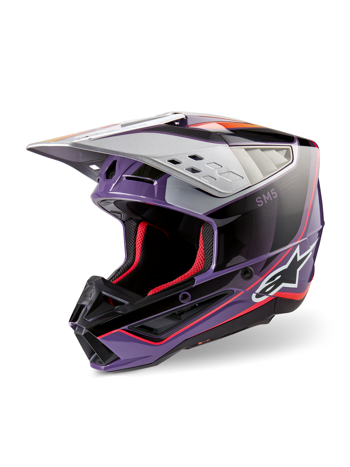Alpinestars S-M5 Sail Helm ECE, Motocross-Helm, Violett, Schwarz und Silber glänzend, mit roter Innenpolsterung und Akzenten, glänzendes Finish mit markantem Alpinestars-Logo, aerodynamisches silbernes Visier, professionelle Offroad-Schutzausrüstung