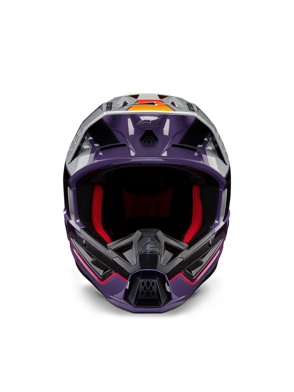 Alpinestars S-M5 Sail Helm ECE, Motocross-Helm, Violett, Schwarz und Silber Glänzend, Vorderansicht mit roter Innenpolsterung, belüftetem Kinnbügel und Visier mit orangefarbenen Akzenten, aerodynamische Schale für Offroad-Schutz