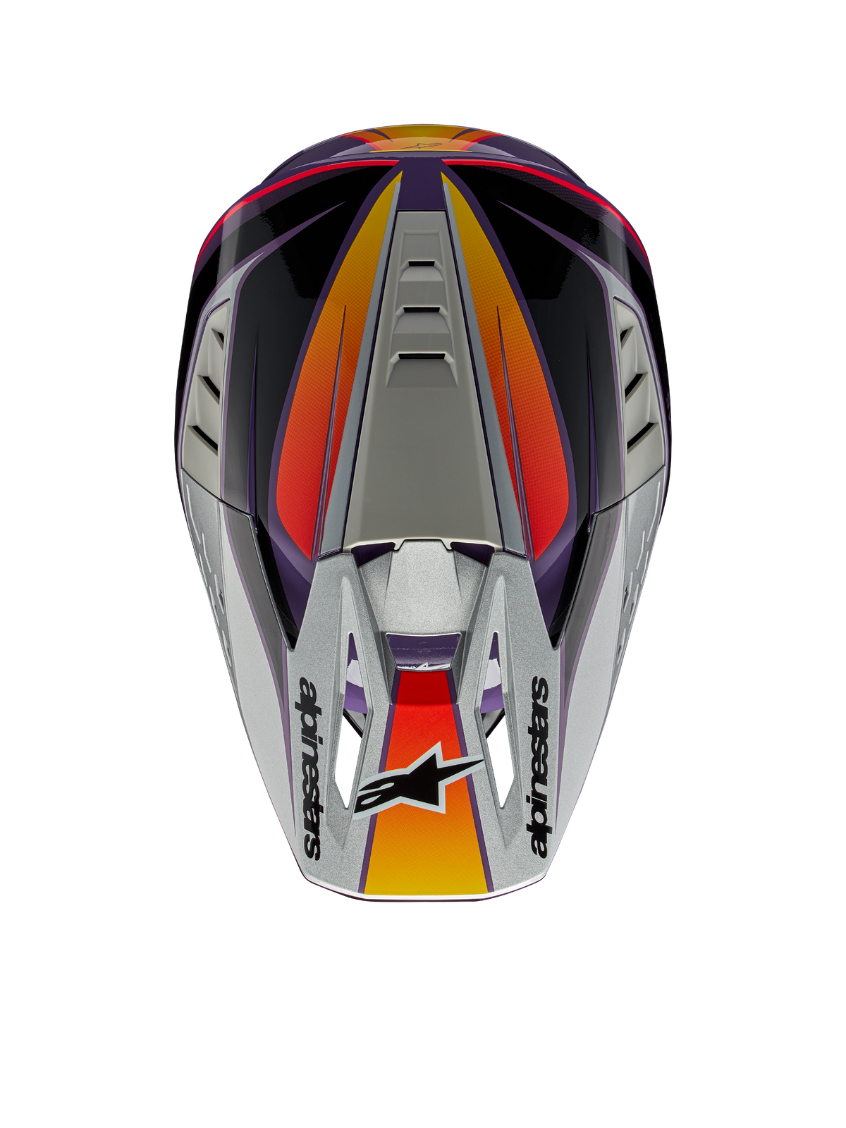 Alpinestars S-M5 Sail Helm ECE, Motocross-Helm, Violett, Schwarz und Silber glänzend, Draufsicht mit silbernem Helmschild und Alpinestars-Logo, orange-rote Farbverlauf-Akzente, aerodynamische Schale mit Belüftungsöffnungen, Hochleistungs-Offroad-Kopfschutz