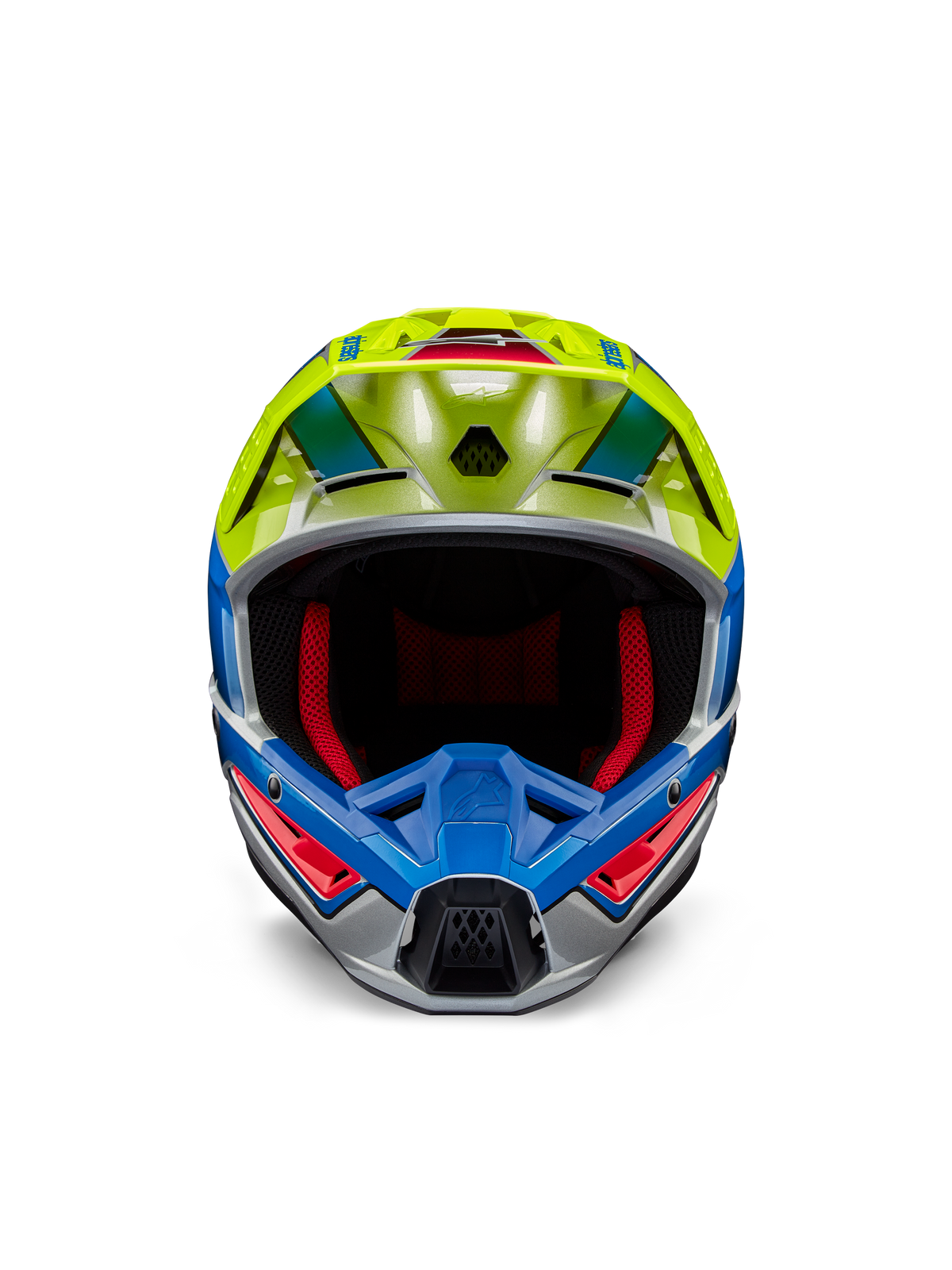 Alpinestars S-M5 Sail Helm ECE, Motocross-Helm, Gelb Fluo und Enamel-Blau mit glänzendem Silber-Finish, Vorderansicht mit roter Innenpolsterung und aerodynamischem Visier, Hochleistungs-Kopfschutz für den Offroad-Rennsport