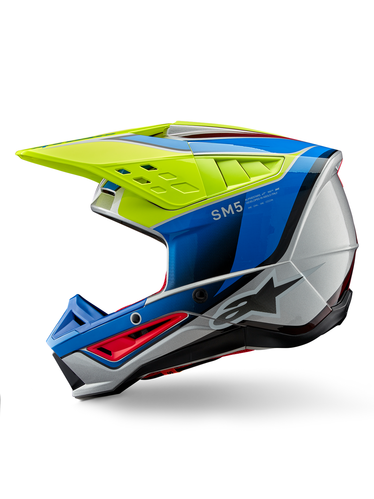 Alpinestars S-M5 Sail Helm ECE, Motocross-Helm, Gelb Fluo, Emaille-Blau und Silber glänzend, Seitenprofilansicht, aerodynamisches Design, belüftetes Visier, markantes Alpinestars-Logo, Hochleistungs-Kopfschutz für den Offroad-Rennsport