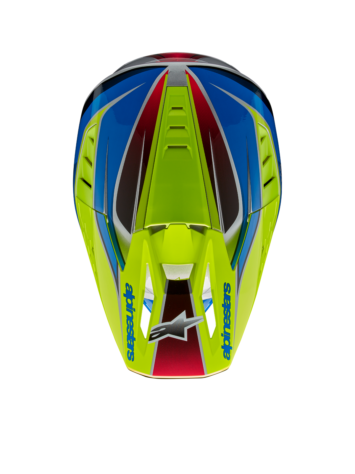Alpinestars S-M5 Sail Helm ECE, Motocross-Helm, Gelb Fluo, Enamel Blau und Silber Glänzend, Ansicht von oben mit Fokus auf das Visier mit Alpinestars-Logo und integrierten Belüftungsöffnungen
