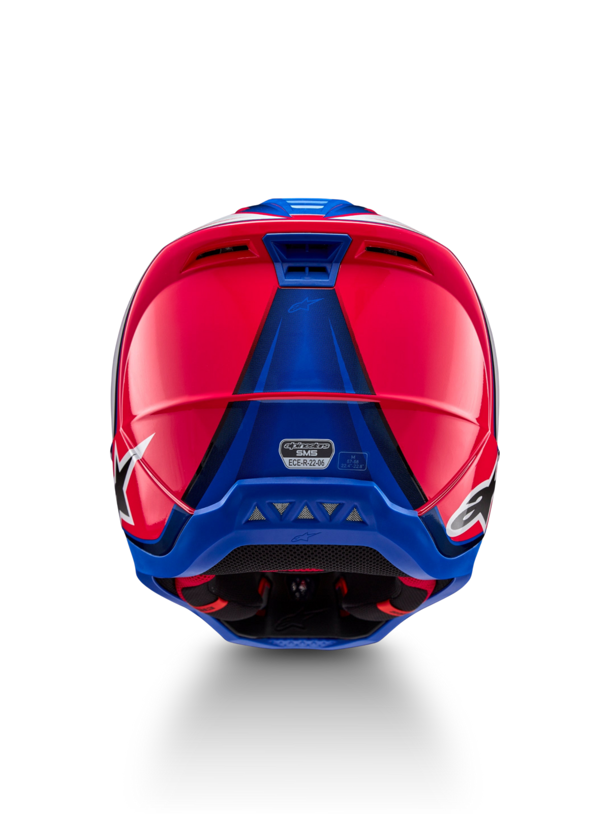 Alpinestars S-M5 Sail Helm, Motocross-Rennhelm, Diva Rosa und Emaille-Blau, Rückansicht mit ECE 22.06-Zertifizierung.