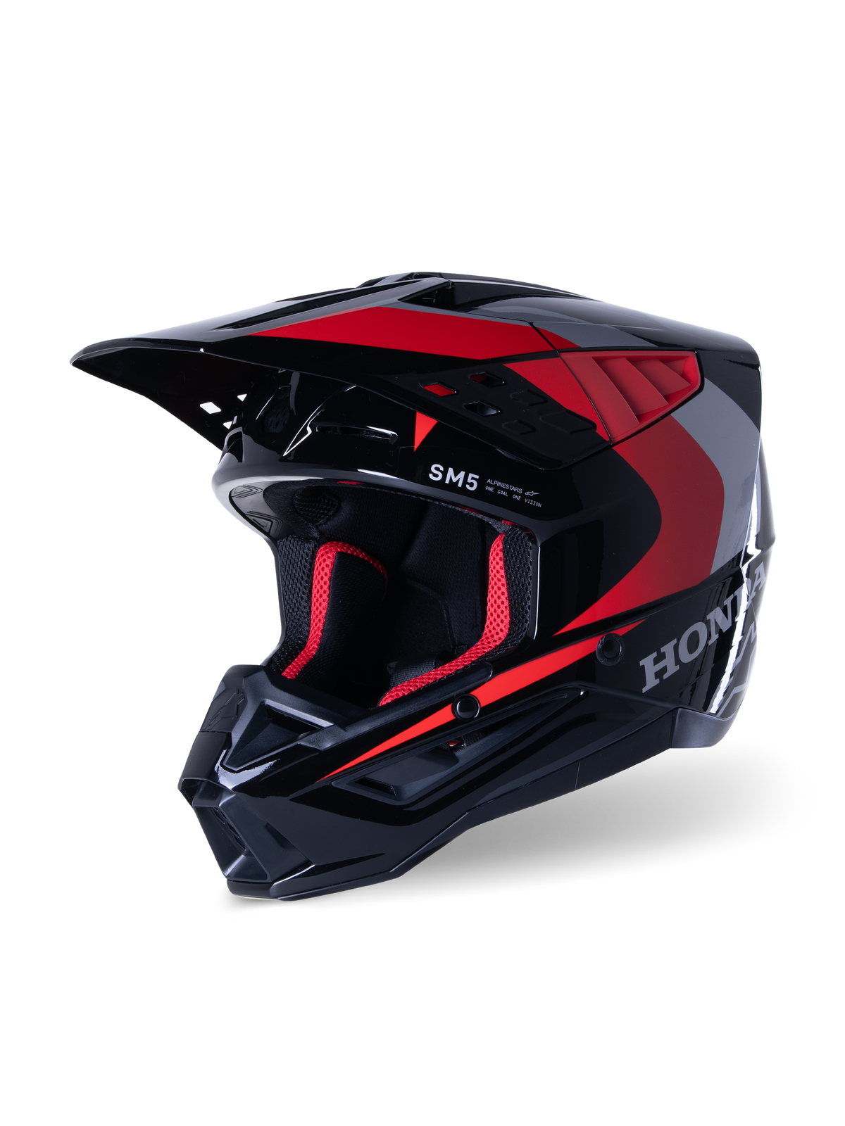 Alpinestars Honda S-M5 Helm, Motocross-Helm, Schwarz Rot Glänzend, mit silbernen Honda-Grafiken und SM5-Logo, aerodynamisches Profil mit großen Lufteinlässen und einem verstellbaren Helmschild, konzipiert für den Offroad-Rennsport