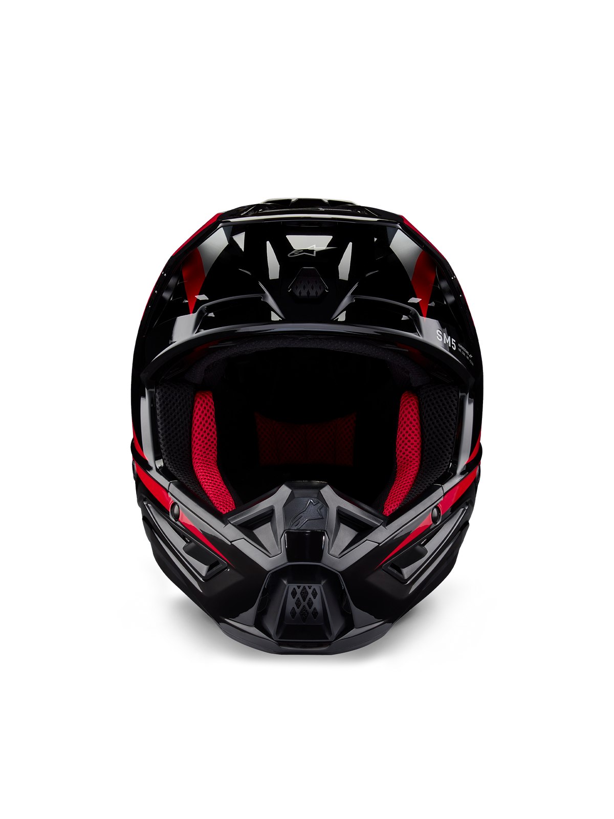 Alpinestars Honda S-M5 ECE Helm, Motocross-Helm, Schwarz-Rot glänzend, Frontansicht mit glänzendem schwarzem Finish und roten Grafiken, leuchtend rote Innenpolsterung, kantiges Design mit mehreren Lufteinlässen, Hochleistungsschutz für Motocross