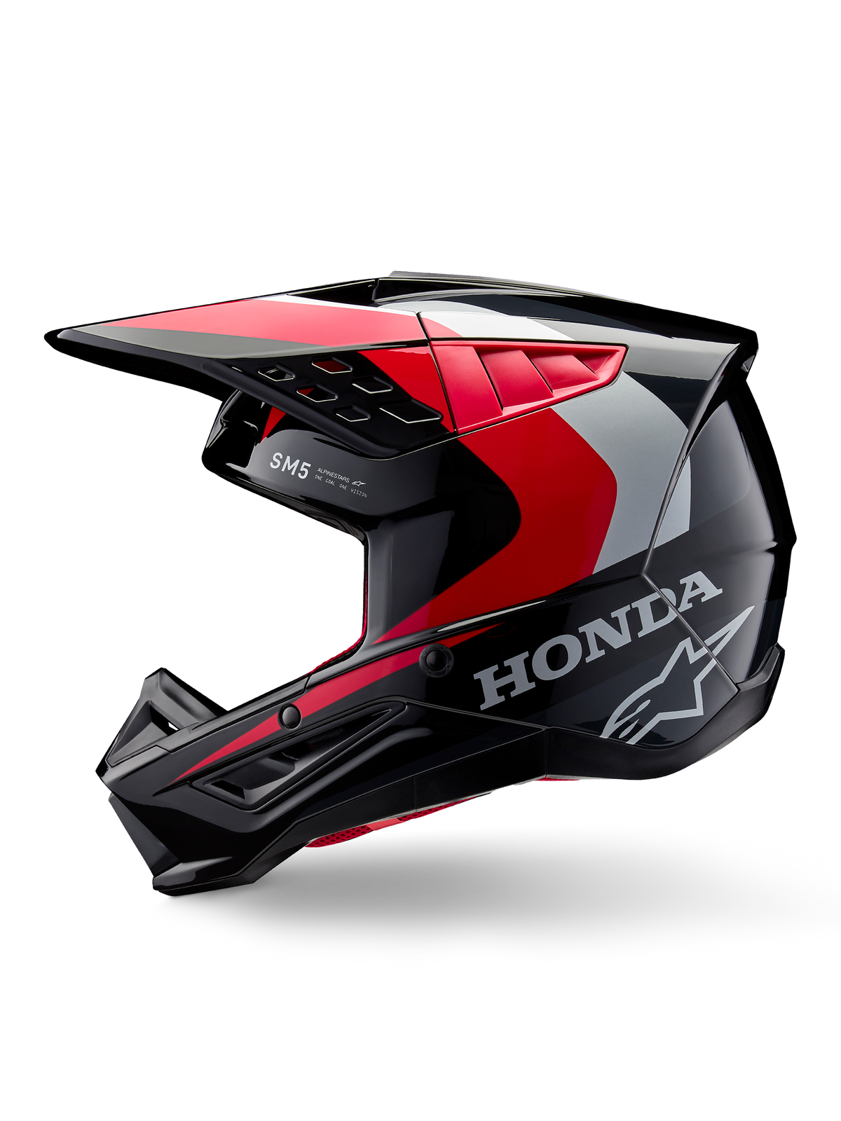 Alpinestars Honda S-M5 Helm, Motocross-Helm, Schwarz, Rot und Silber glänzend, Seitenansicht mit Honda-Branding und Alpinestars Stern-Logo, schlankes Design mit integriertem Helmschirm und Belüftungsöffnungen für Offroad-Performance