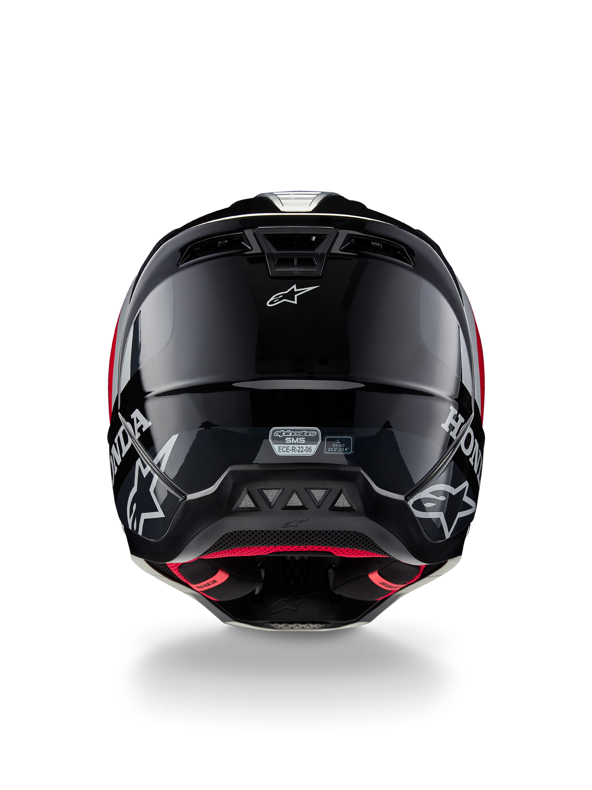 Alpinestars Honda S-M5 Helm ECE, Motocross-Helm, Schwarz Rot Glänzend, Rückansicht zeigt glänzend schwarze Schale mit weißen Honda- und Alpinestars-Logos, rotem Innenfutter und ECE-Sicherheitszertifizierungsetikett