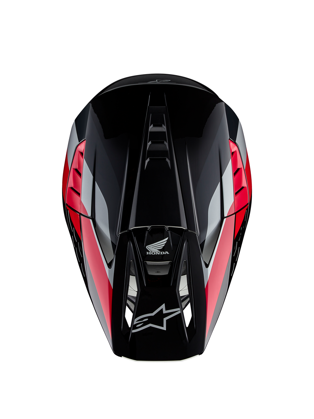 Honda S-M5 Helm ECE, Motocross-Helm, Schwarz Rot Glänzend mit roten und silbernen Grafikstreifen, Draufsicht mit aerodynamischer Schale und belüftetem Visier, Alpinestars- und Honda-Logos, Hochleistungs-Offroad-Ausrüstung