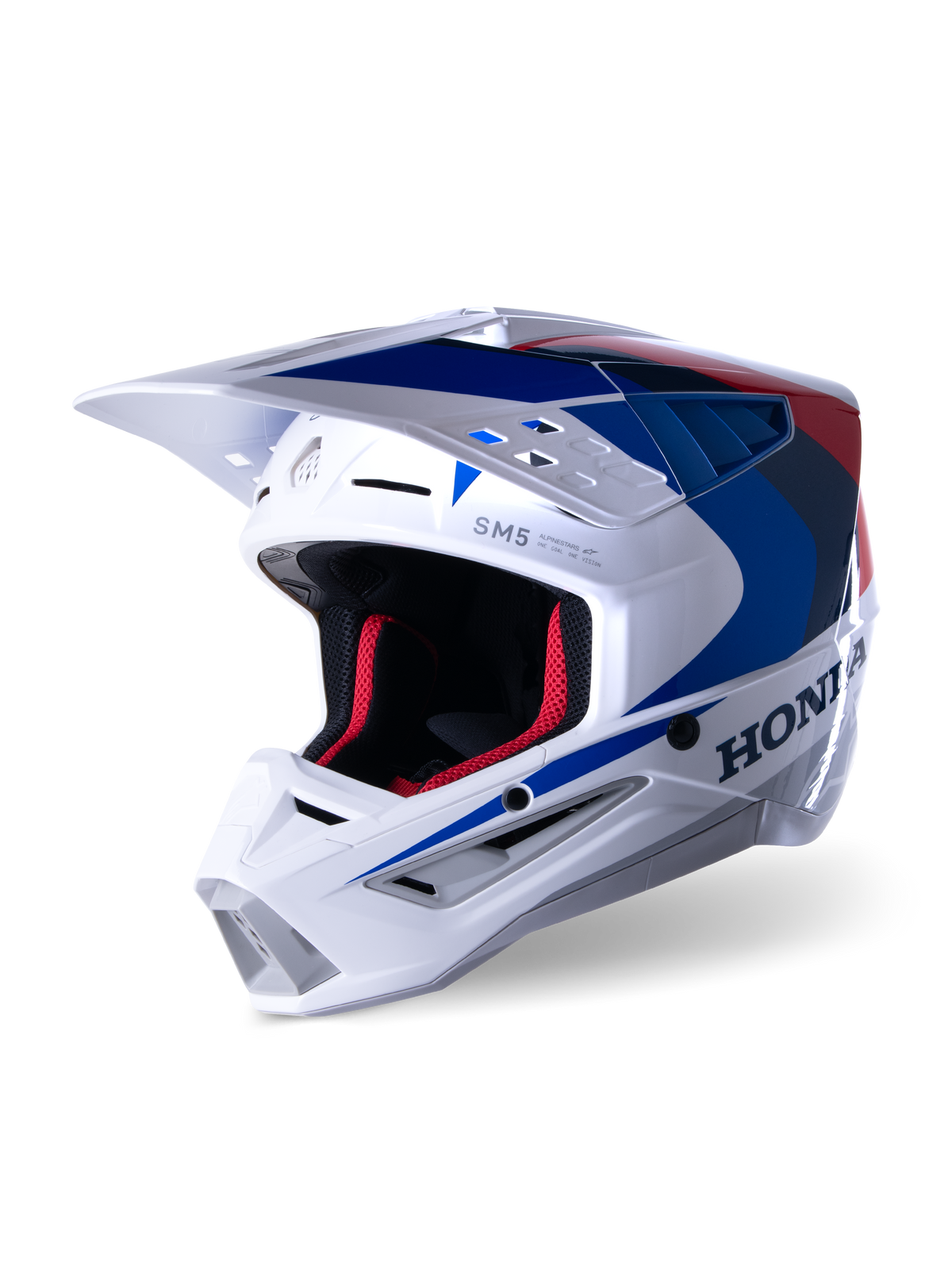 Alpinestars Honda S-M5 Helmet ECE, Motocross Helmet, White Blue and Red Glossy, featuring bold Honda branding on the side, red mesh interior padding, aerodynamic visor with integrated air vents, sleek graphic design for off-road racing
