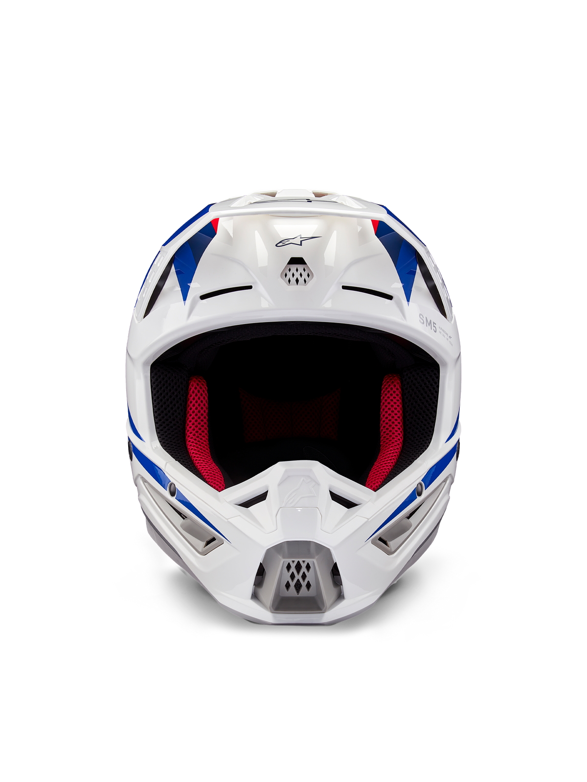 Alpinestars Honda S-M5 Helmet ECE, Motocross Helmet, White Blue and Red Glossy, front view showing ventilation ports and red inner padding, aerodynamic design for off-road racing protection