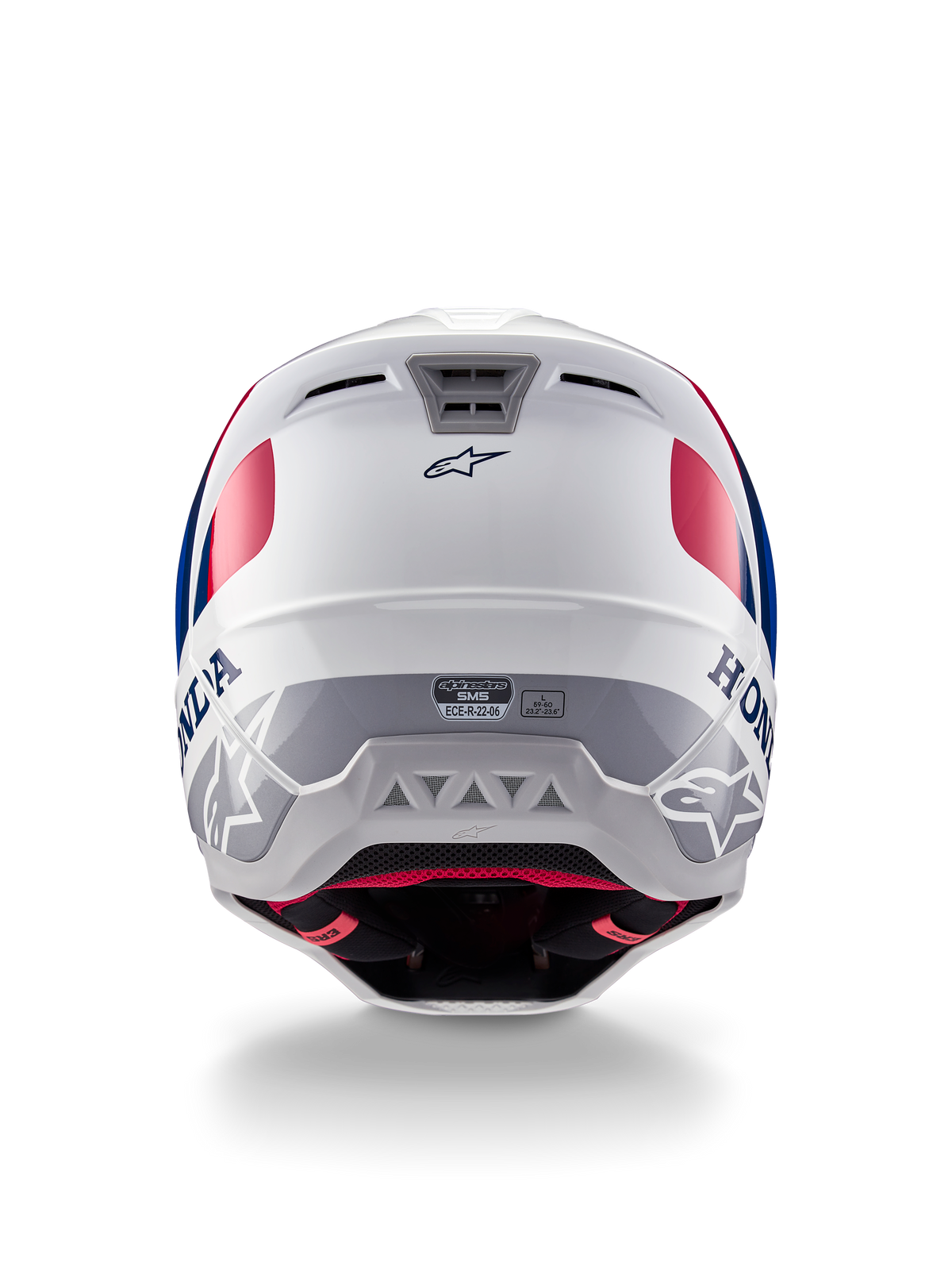 Alpinestars Honda S-M5 Helmet ECE, Motocross Helmet, White Blue and Red Glossy, Rear view showing Honda and Alpinestars branding, sleek shell with integrated ventilation exhaust ports and ECE certification label.