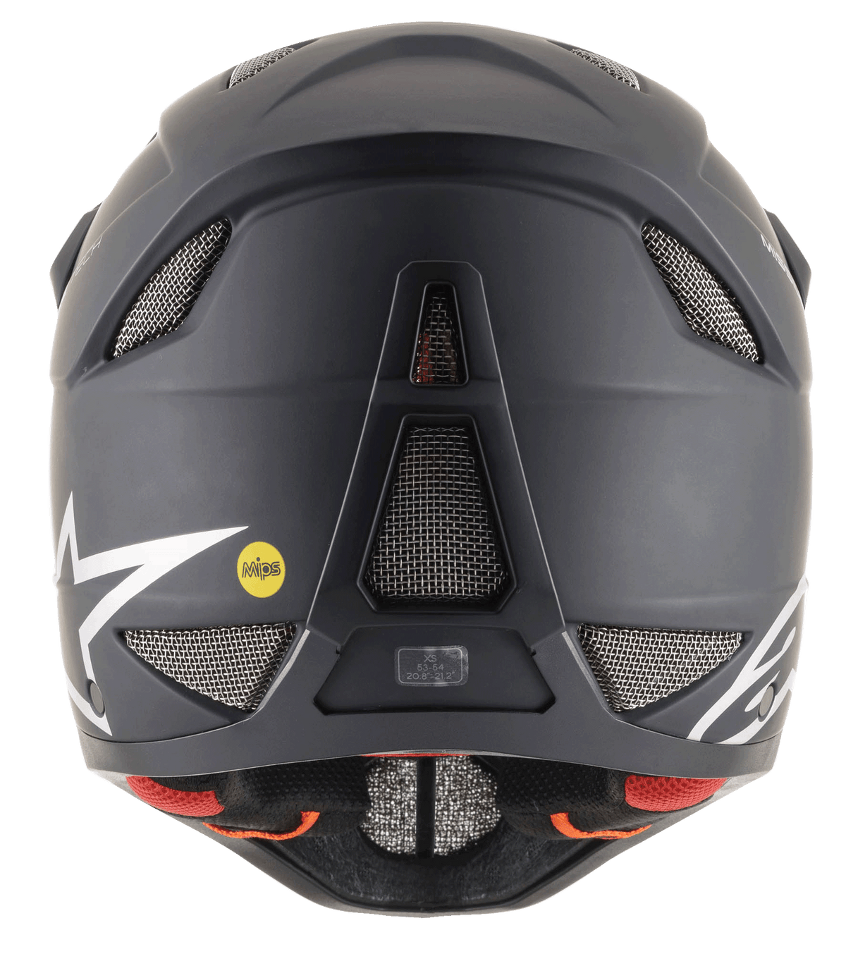 Alpinestars Missile Tech Solid Helmet in Matte Black, rear view showing mesh vents and MIPS safety logo for downhill MTB.