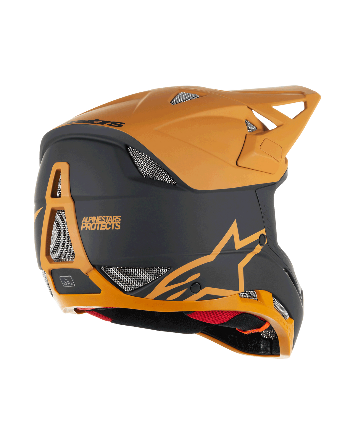 Alpinestars Missile Tech Racer Helmet, Full-Face MTB Helmet, Black and Dark Gold Matt, rear side view featuring mesh ventilation ports, aerodynamic visor, and Alpinestars Protects branding on the back, professional downhill cycling protection.