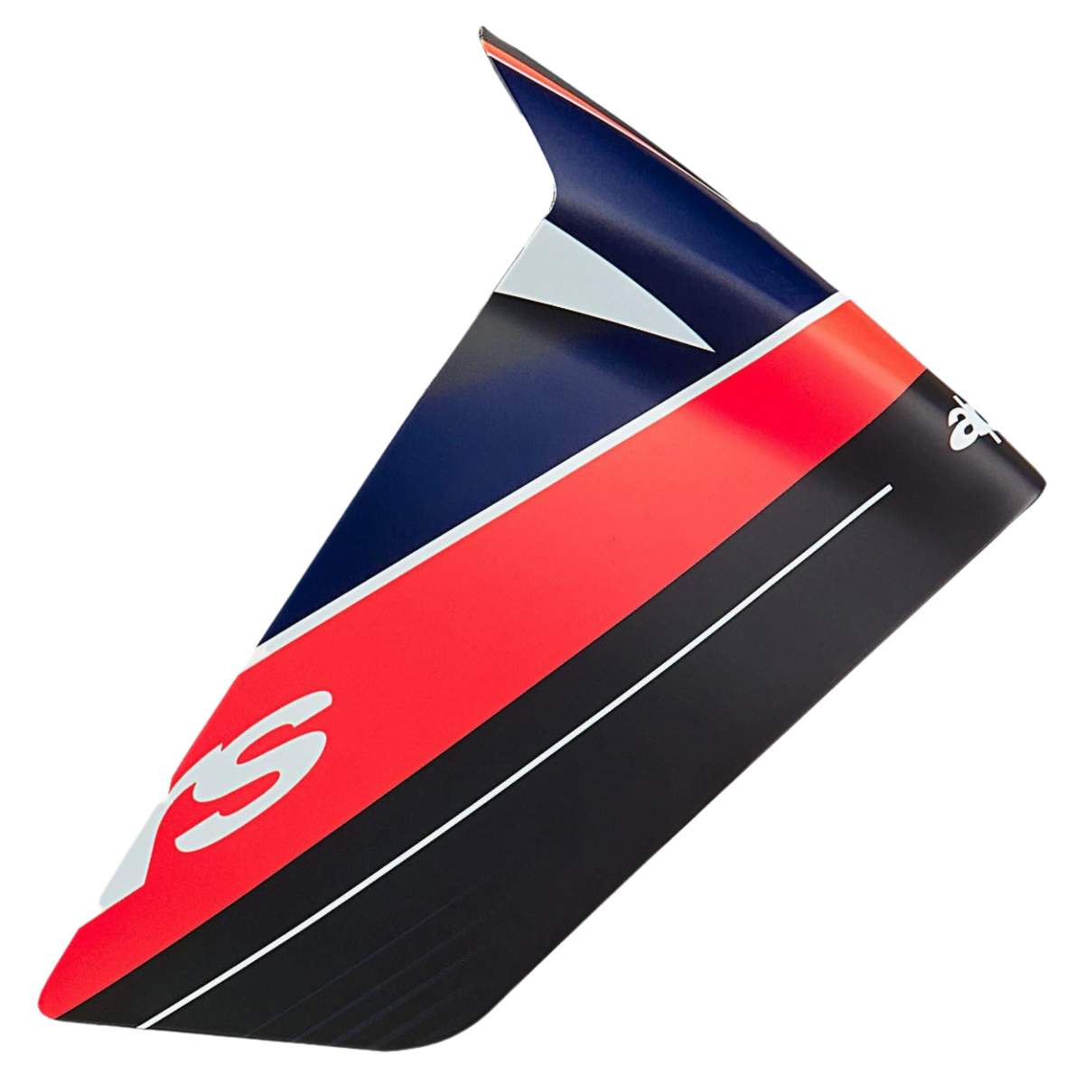 Alpinestars Supertech R10 Team Race Spoiler, Helmet Accessory, Black Carbon, Red Fluo and Dark Blue Matte, aerodynamic wing-like profile, matte finish with bold color panels, replacement part for motorcycle racing helmets