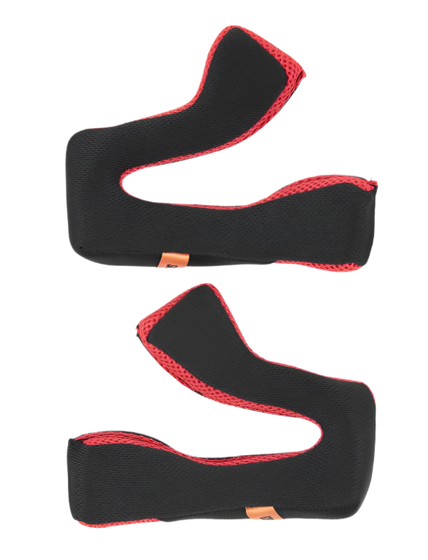 Alpinestars S-M5 Cheek Pad Set +5 mm, replacement helmet interior padding, black fabric with red mesh trim, ergonomic curved design, helmet accessory for motocross and off-road riding