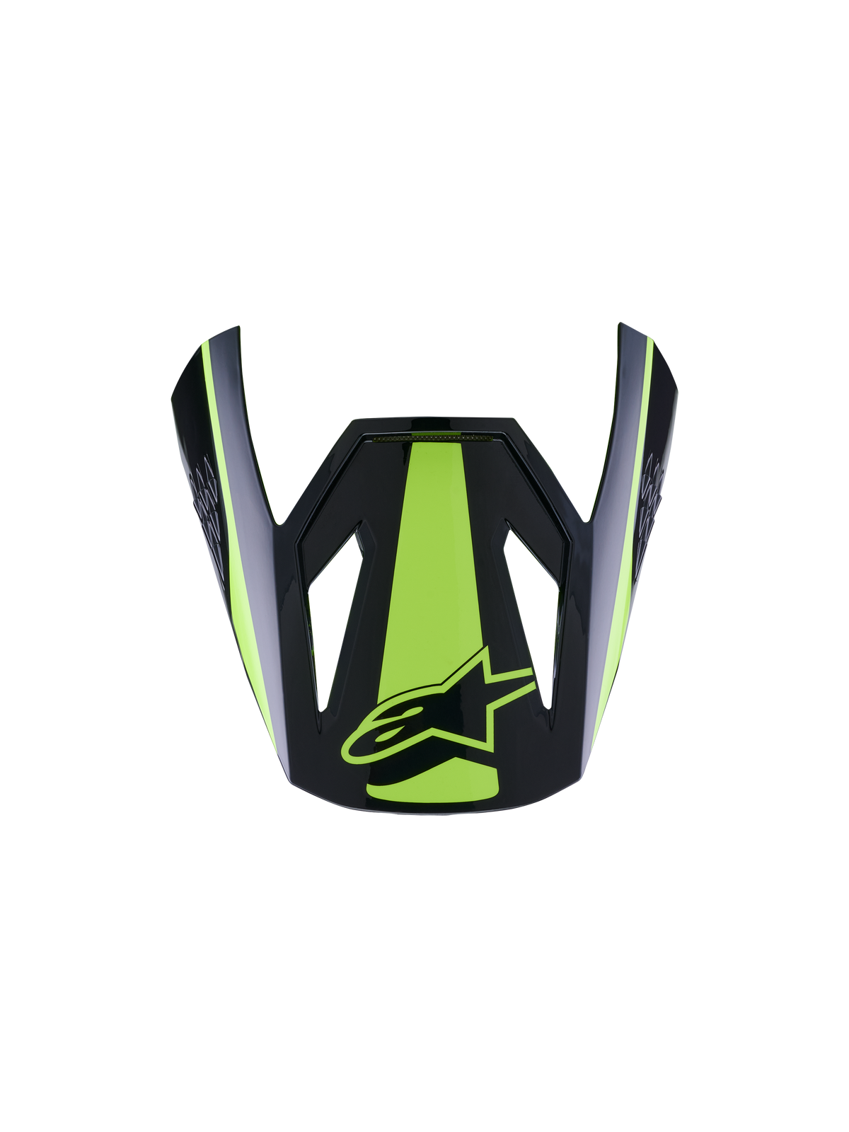 Alpinestars S-M3 Heat Visor ECE06, Motorcycle Helmet Visor, Yellow Fluo and Black Glossy, featuring a bold fluorescent yellow central stripe and side accents, glossy black finish with yellow star logo, aerodynamic peak design for motocross helmets