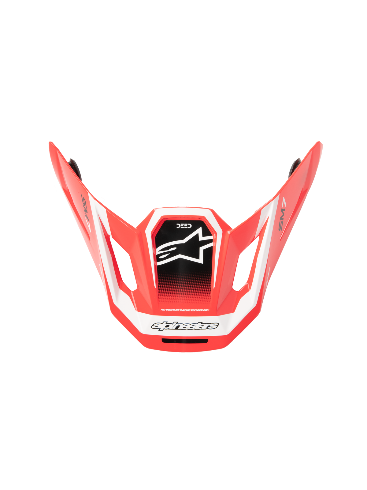 Alpinestars S-M7 Deed ECE06 Visier, MX-Helmvisier, Rot, Schwarz und Weiß glänzend, kantiges aerodynamisches Design mit weißem Stern-Logo auf schwarzem Mittelpanel, SM7- und Deed-Branding, glänzendes Finish für Offroad-Performance