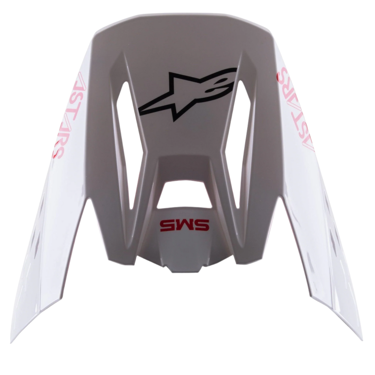 Alpinestars S-M5 Bond White Red Glossy Visor, replacement motocross helmet peak, featuring a glossy white finish with red 'SM5' and 'ASTARS' branding, central black star logo, snap-on accessory for off-road racing gear