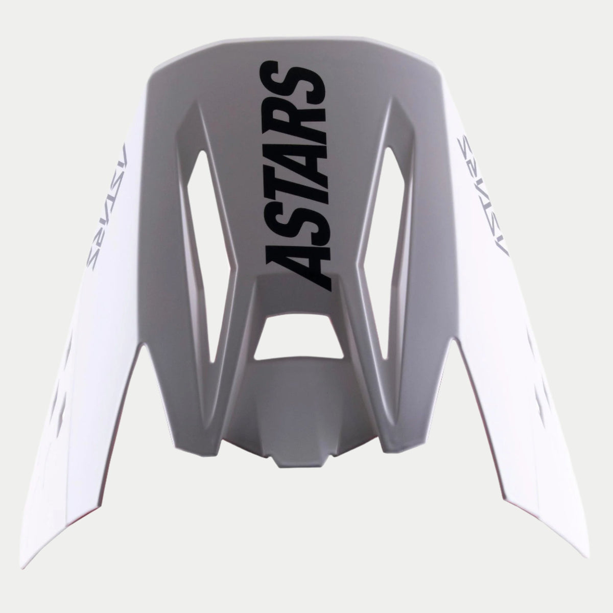 Alpinestars S-M5 Rayon Visor, Ersatz-Helmschild für Motocross-Helme, Grau mit markantem schwarzem ASTARS-Branding oben und an den Seiten, mattes Finish, kantiges Design mit Belüftungsschlitzen für Offroad-Performance
