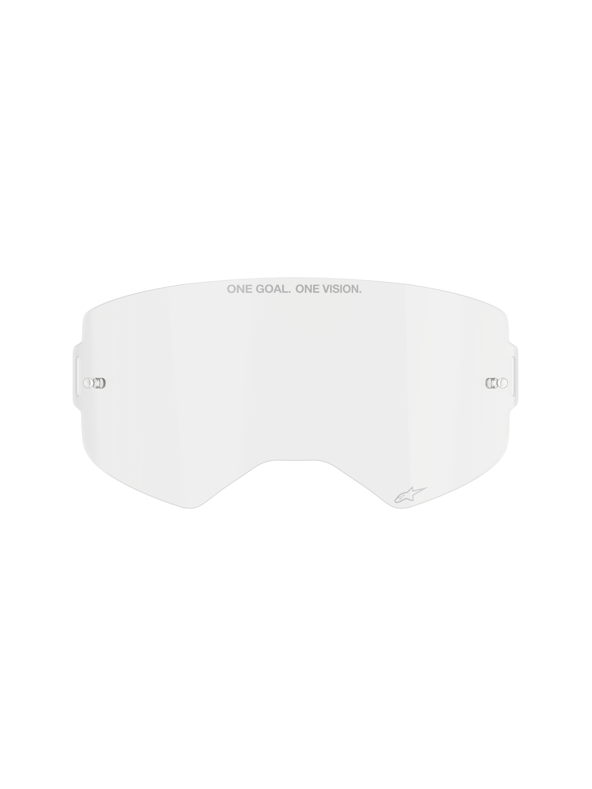 Alpinestars Supertech Clear Lens, replacement motocross goggle lens, transparent impact-resistant polycarbonate, "ONE GOAL. ONE VISION." text on top and small logo detail, features side mounting points for tear-offs