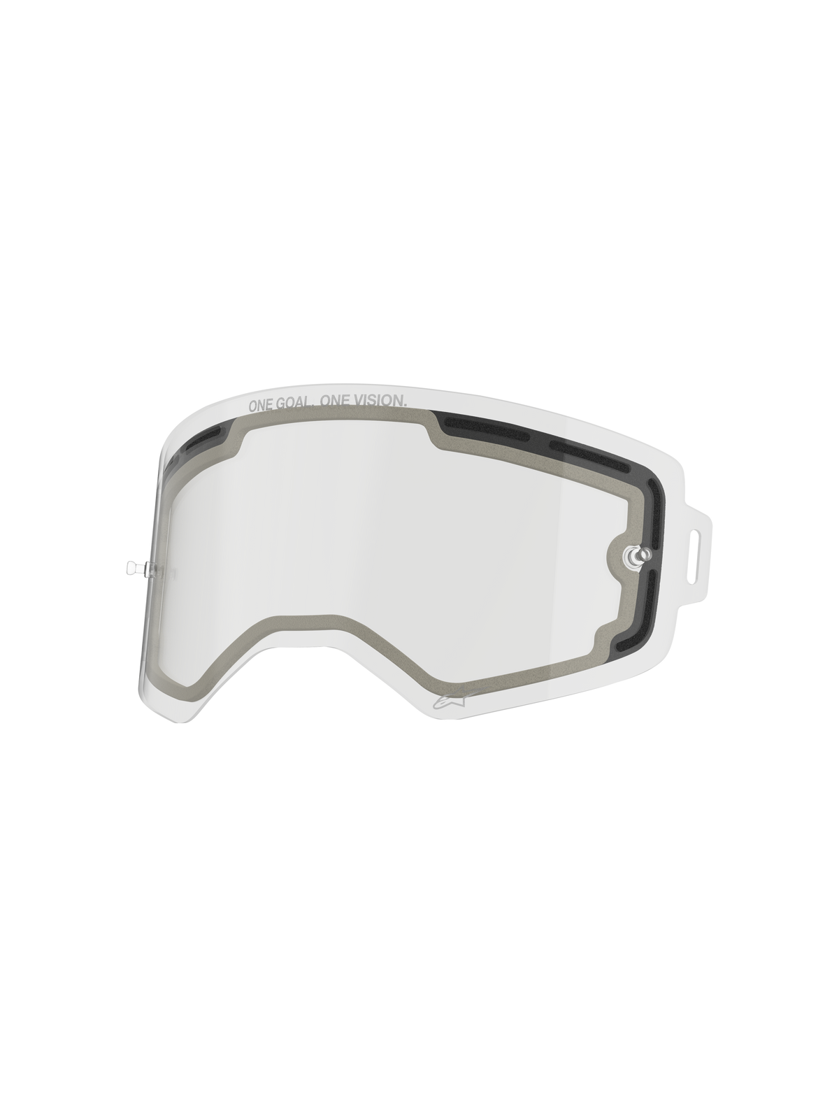 Alpinestars Supertech Double Pane Lens, Clear Replacement Goggle Lens, Vented dual-pane design with gray foam seal, featuring "ONE GOAL. ONE VISION." text, impact-resistant polycarbonate for motocross performance