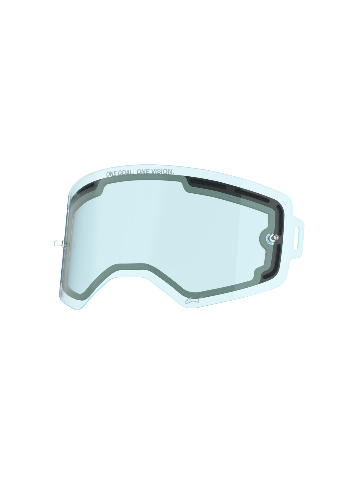 Alpinestars Supertech Lens, Blue Tinted Double Pane Vented Goggle Lens, featuring 'ONE GOAL. ONE VISION.' text, impact-resistant polycarbonate replacement lens for motocross and off-road racing protection