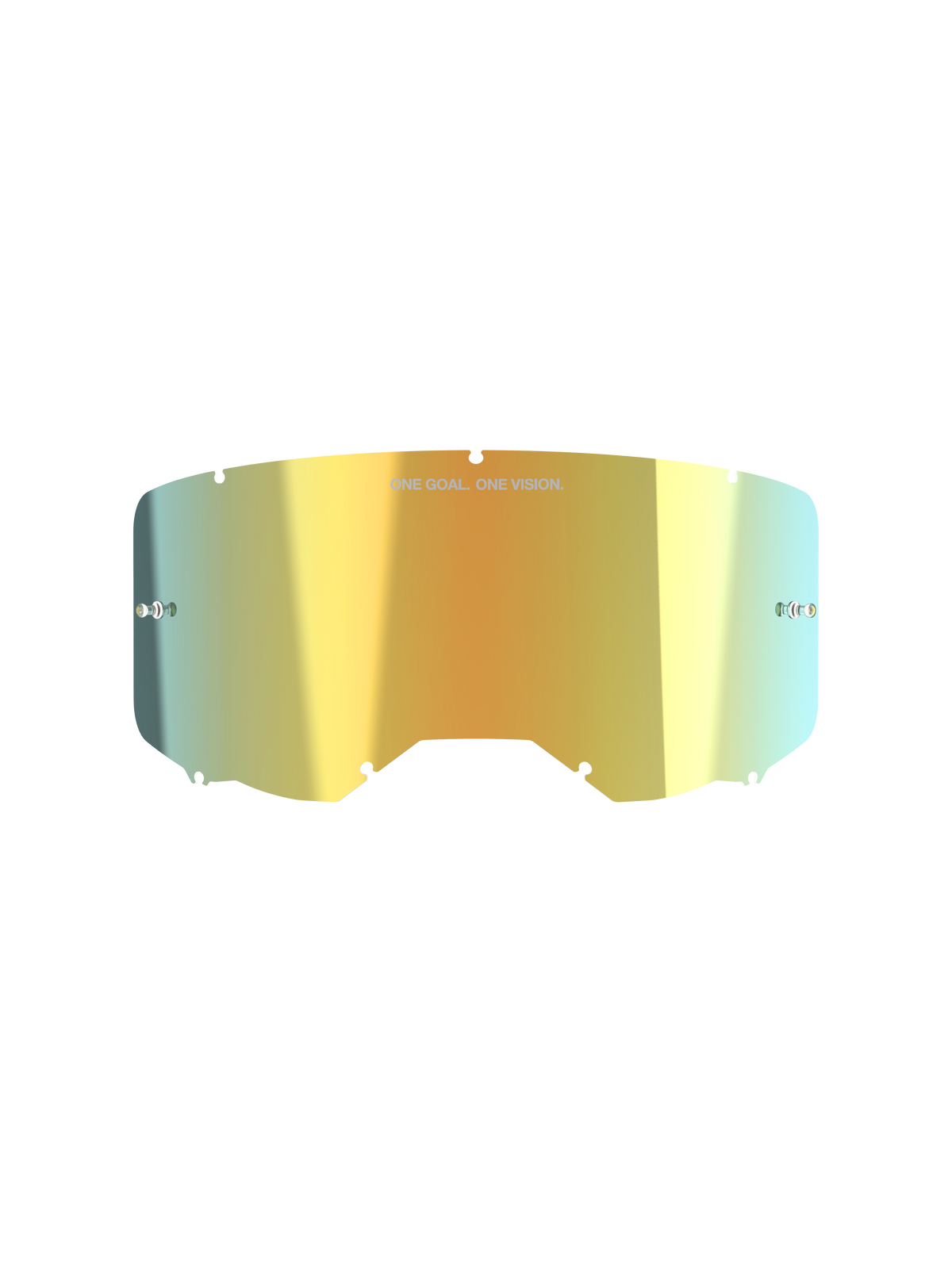 Alpinestars Vision 8-5-3 Spiegelscheibe, Motocross-Brillenzubehör, Mirror Gold, reflektierendes Metallic-Finish mit „ONE GOAL. ONE VISION.“ Text, integrierte Abreißstifte, Sieben-Schlüsselloch-Verriegelungssystem, hochklares Polycarbonat für Offroad-Rennsport