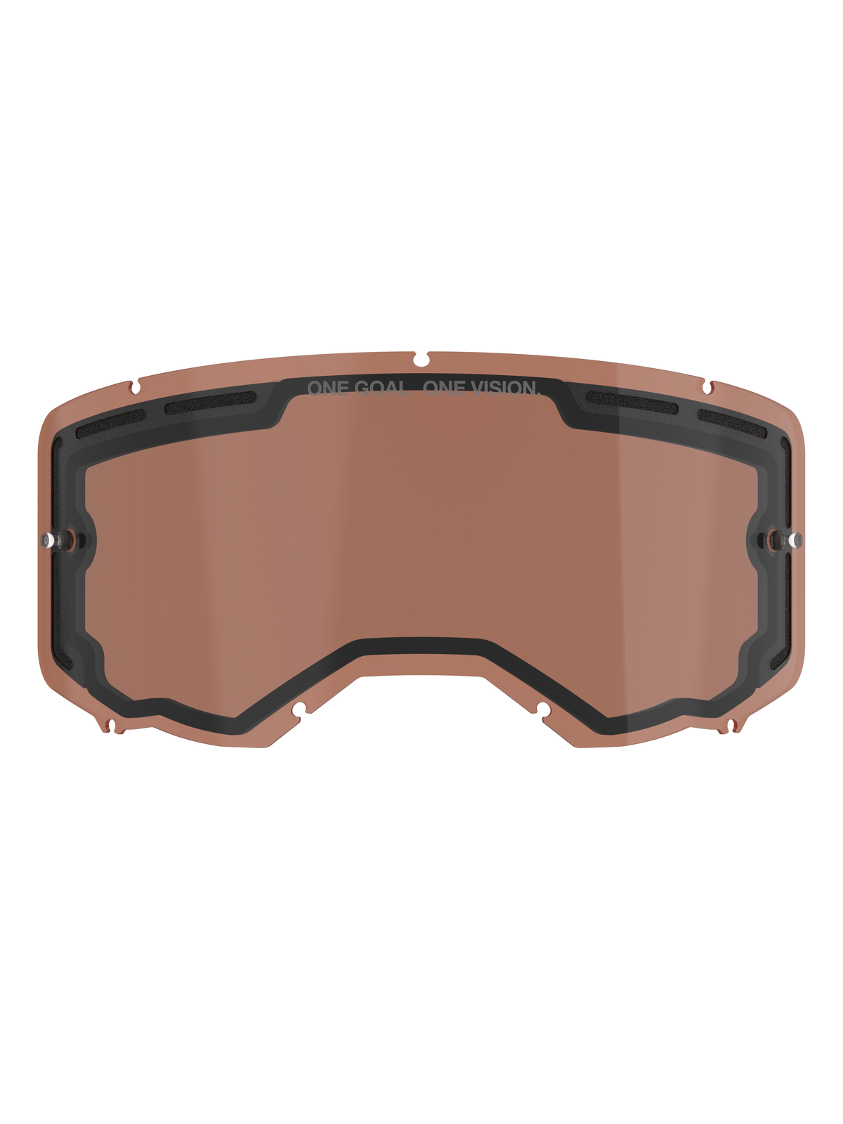 Alpinestars Vision 8-5-3 belüftete Doppelscheibe, Copper Rose getönte Ersatzscheibe für Motocross-Brillen, mit integrierten Tear-off-Pins, oberen Belüftungsöffnungen und „ONE GOAL ONE VISION“-Branding.