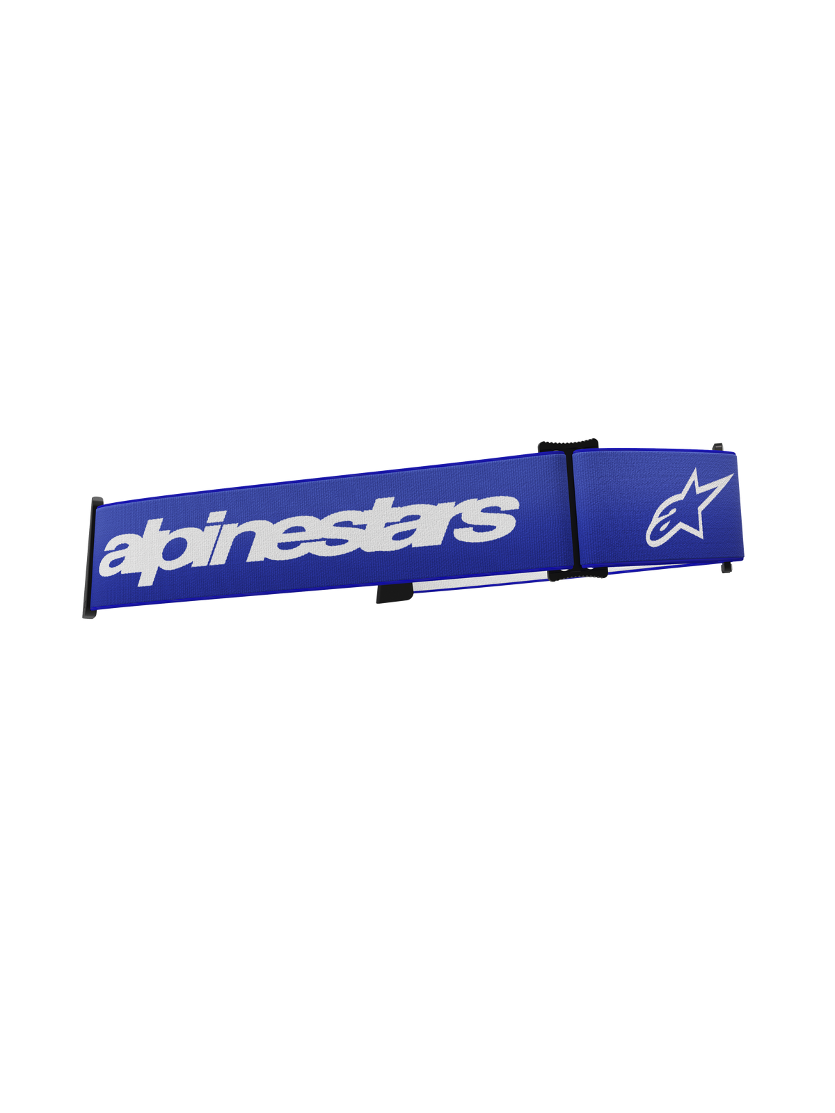 Alpinestars Supertech Goggles-Riemen, Motocross-Brillenzubehör, Blau und Weiß, mit markantem weißem Alpinestars-Schriftzug und Stern-Logo auf einem leuchtend blauen Webband, Ersatzriemen mit Klick-Verschluss für den Offroad-Rennsport.
