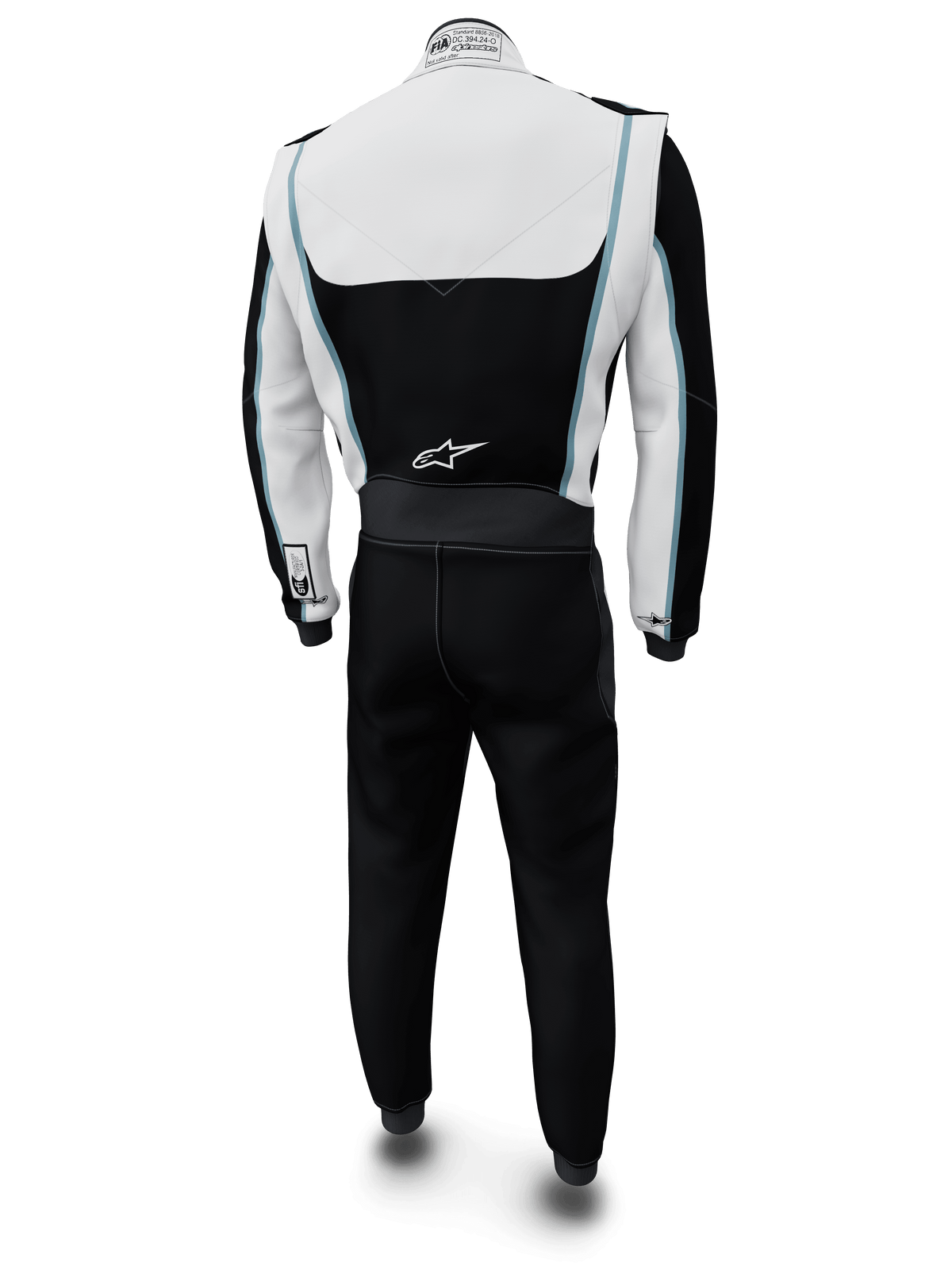 Alpinestars Tech Vision V3 Maßanzug, Auto-Rennanzug, Weiß und Schwarz mit hellblauen Akzenten, Rückansicht, mit Alpinestars-Logo auf dem unteren Rücken und FIA-Zertifizierungsetikett am Kragen, professionelle feuerhemmende Rennbekleidung mit Nomex-Konstruktion