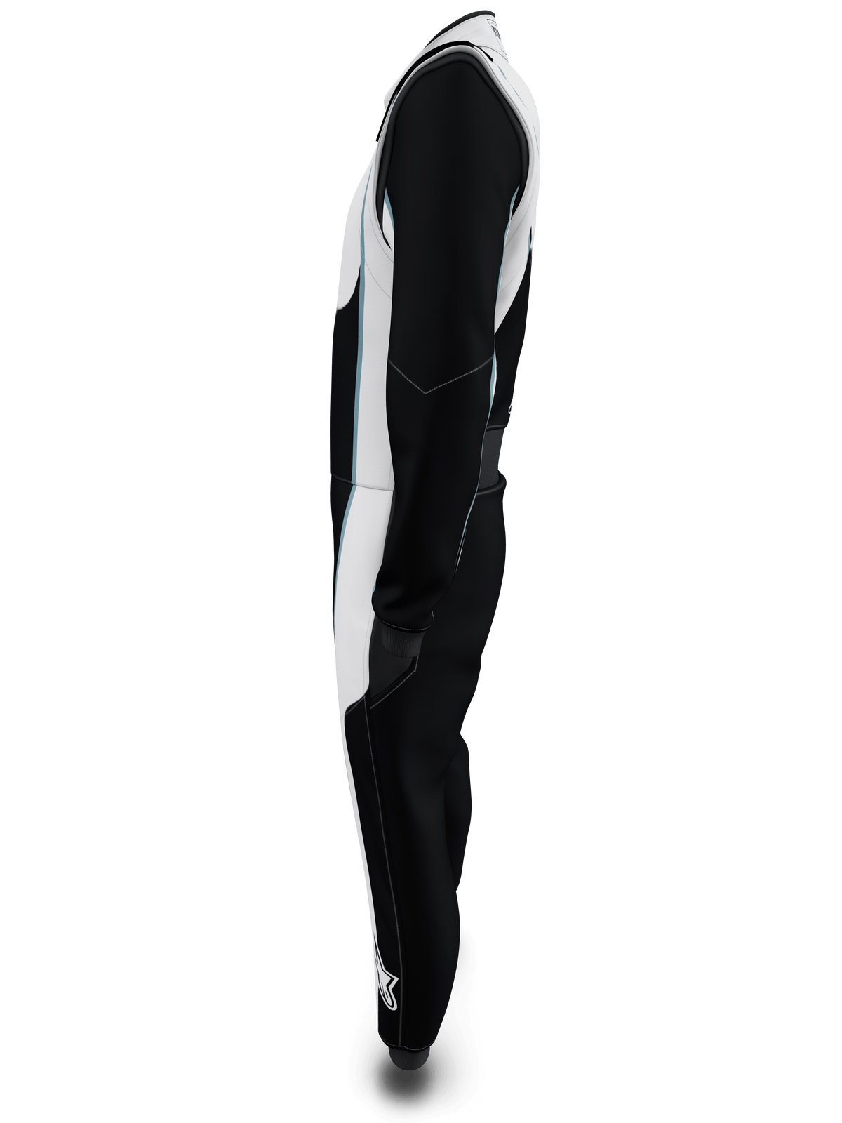 Alpinestars Tech Vision V3 Maßanzug, Seitenprofil-Ansicht, Schwarz und Weiß mit hellblauen Akzenten, professioneller FIA- und SFI-zertifizierter Autorennanzug, leichte Nomex-Konstruktion