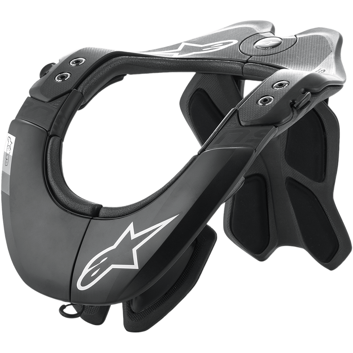 Alpinestars BNS Tech 2 Nackenstütze, Motocross-Nackenschutz, Schwarz und Cool Gray, Carbon-Polymer-Rahmen mit Carbon-Textur, weiße Alpinestars Stern-Logos, mit ergonomischem hinterem Stabilisator und gepolsterter Innenseite, professioneller Offroad-Rennschutz